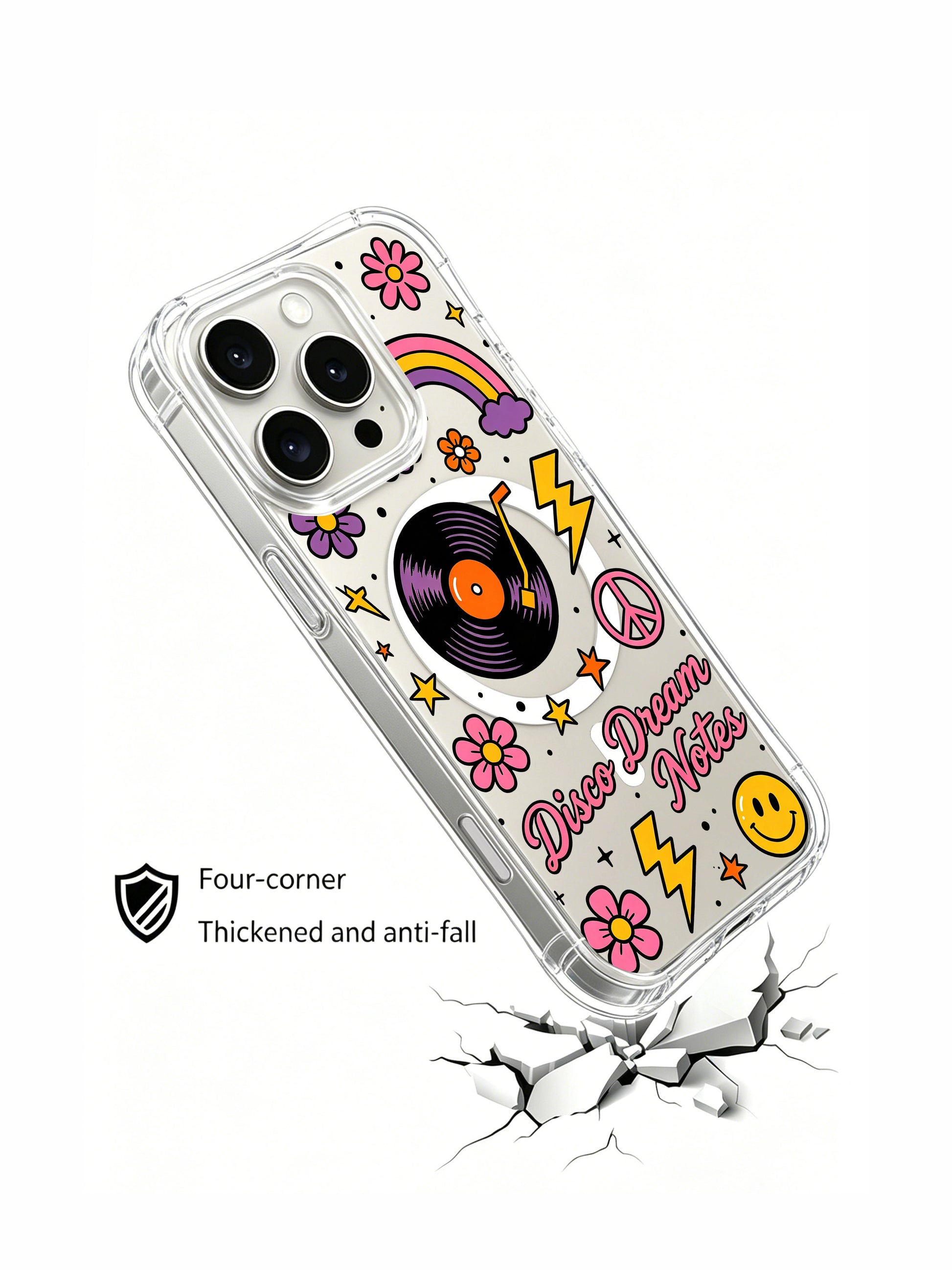 PhoneCasing iPhone 16 pro max case undergoing drop test, demonstrating reinforced corners with the retro disco design still intact.