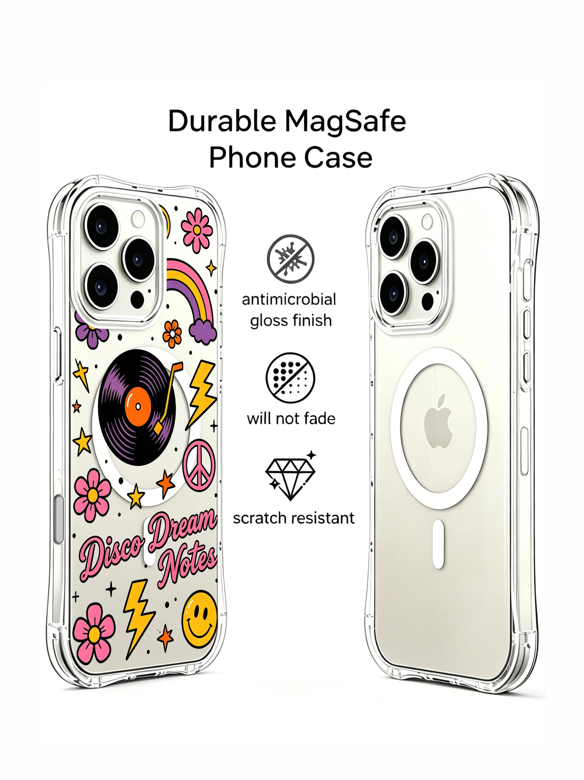 PhoneCasing iPhone 16 pro max case front and back view, showcasing the "Disco Dream Notes" print and scratch-resistant clear finish.