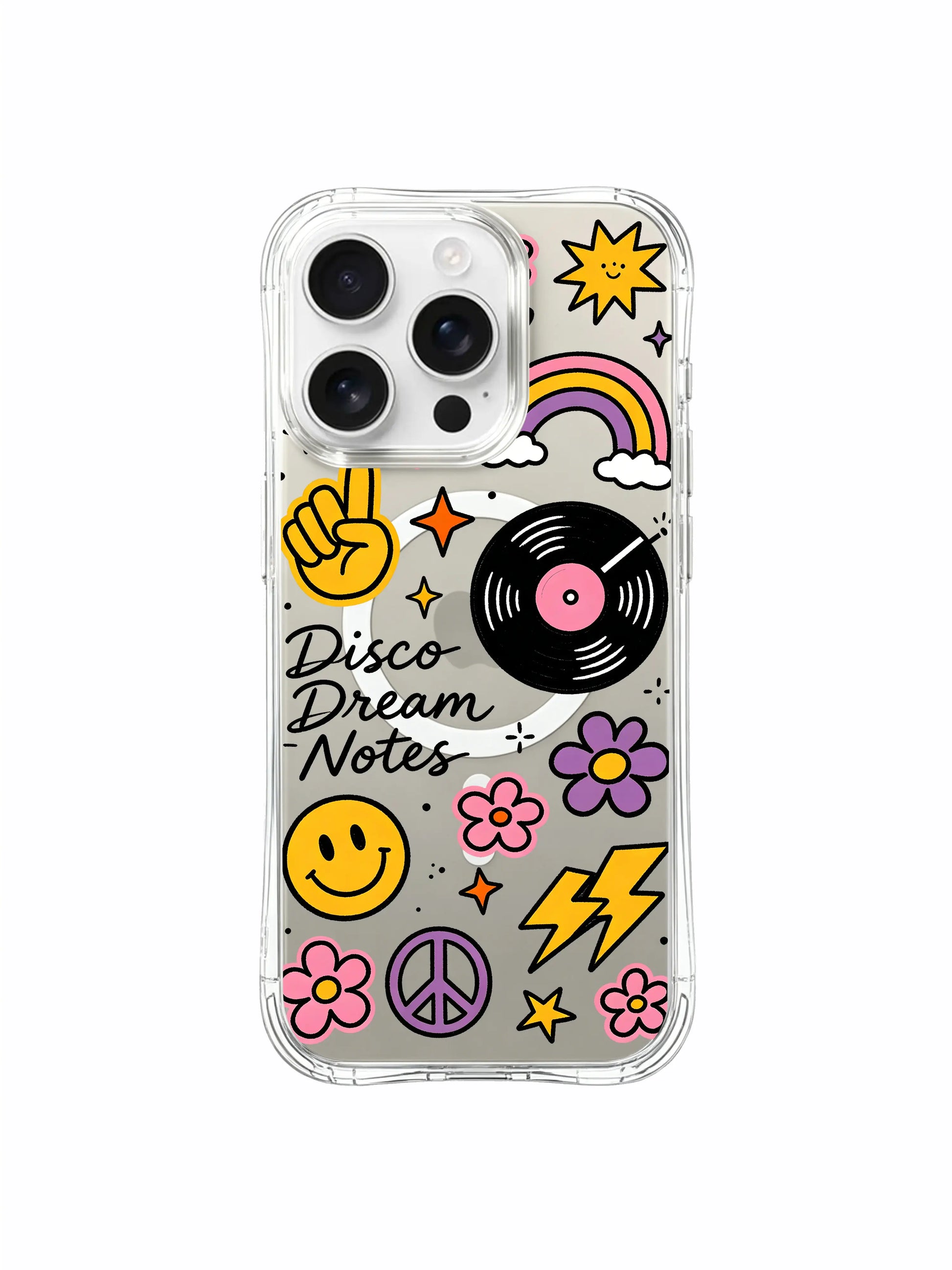 PhoneCasing iPhone 16 pro max gift-ready MagSafe case with the "Disco Dream Notes" design, perfect for anyone who loves retro disco vibes.
