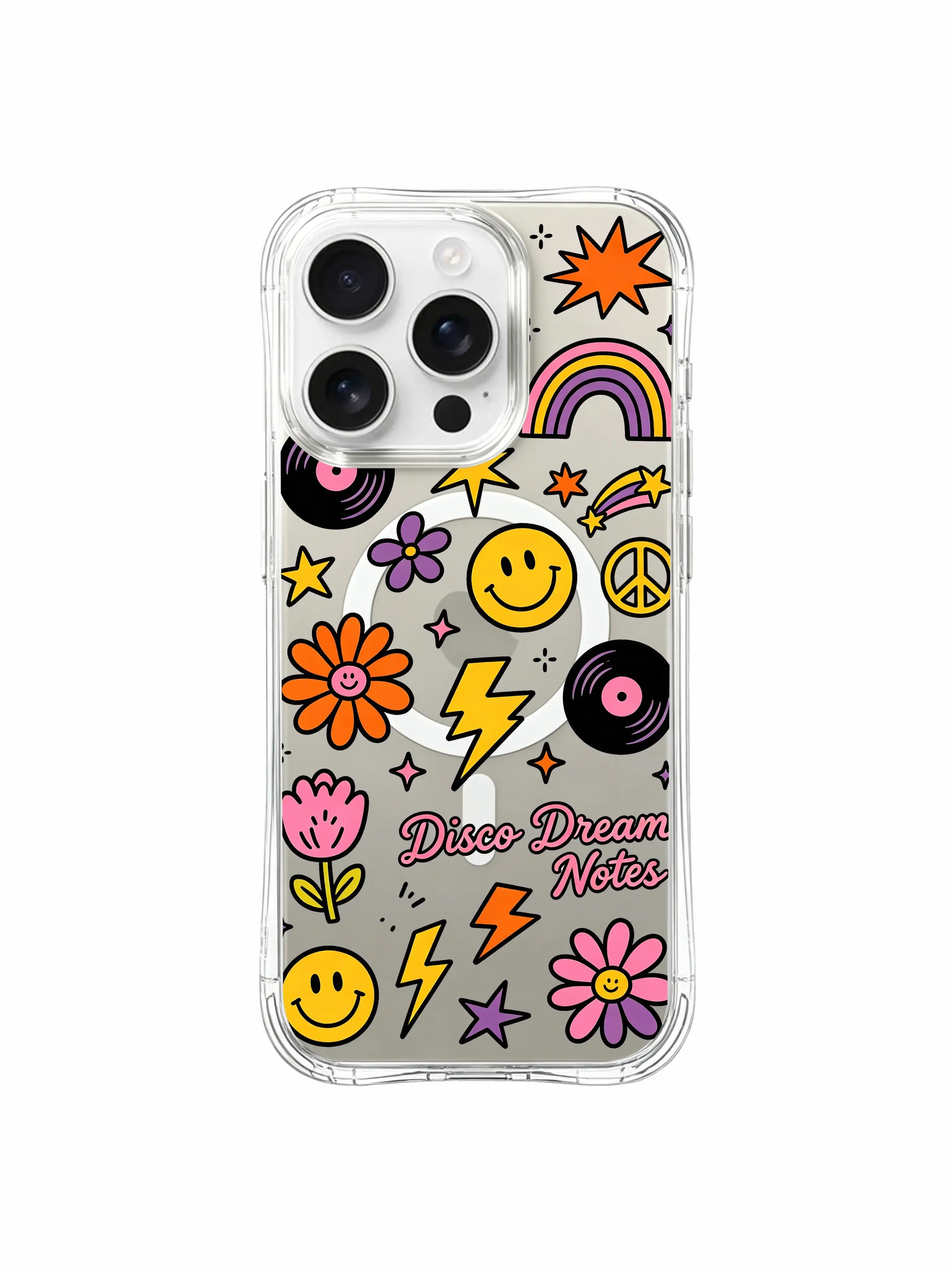 PhoneCasing iPhone 16 pro max non-slip grip case showing the textured edges and the "Disco Dream Notes" design in close-up.