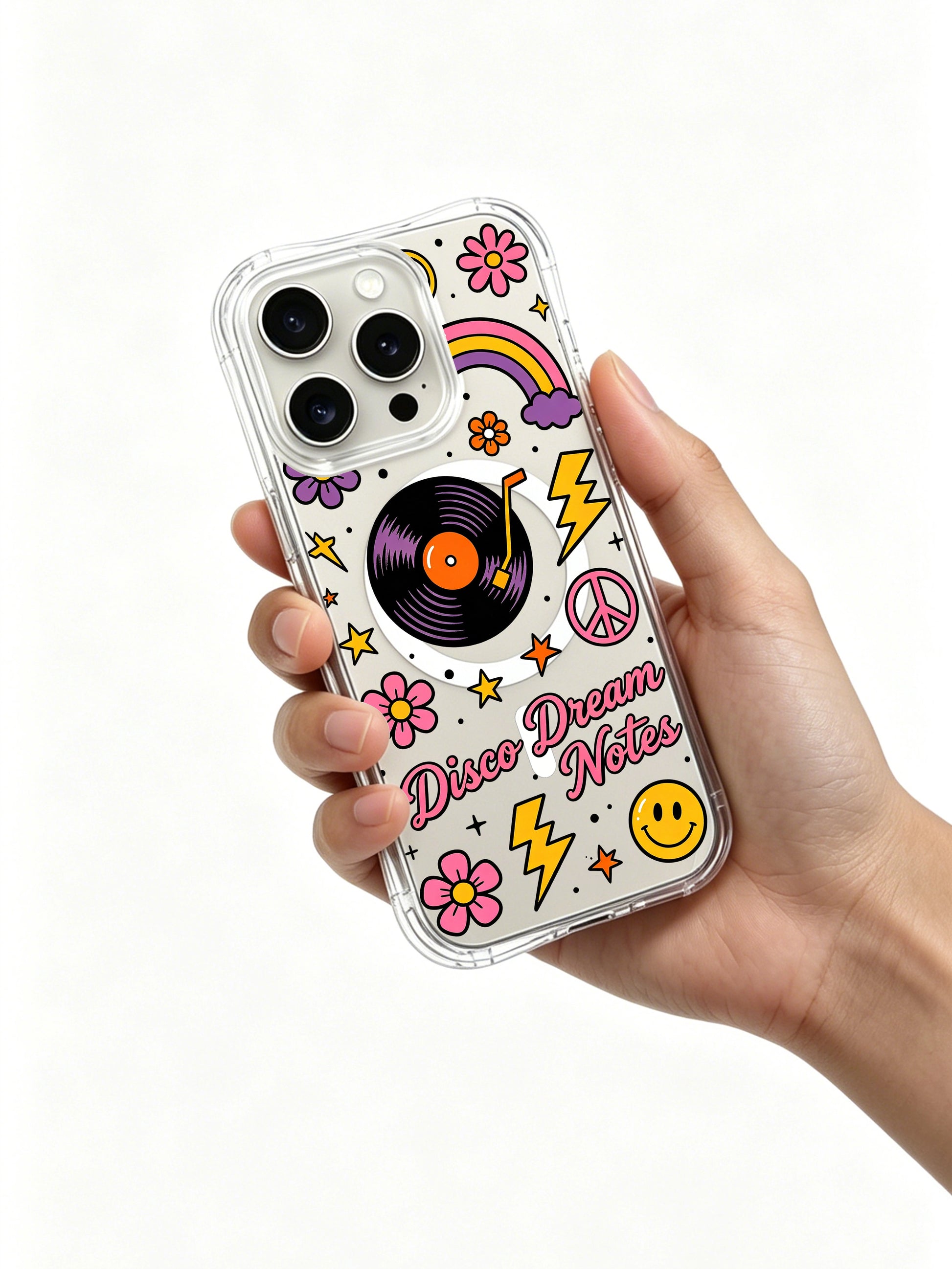 PhoneCasing iPhone 16 pro max case being held in a hand, showing the full "Disco Dream Notes" design against a neutral background.