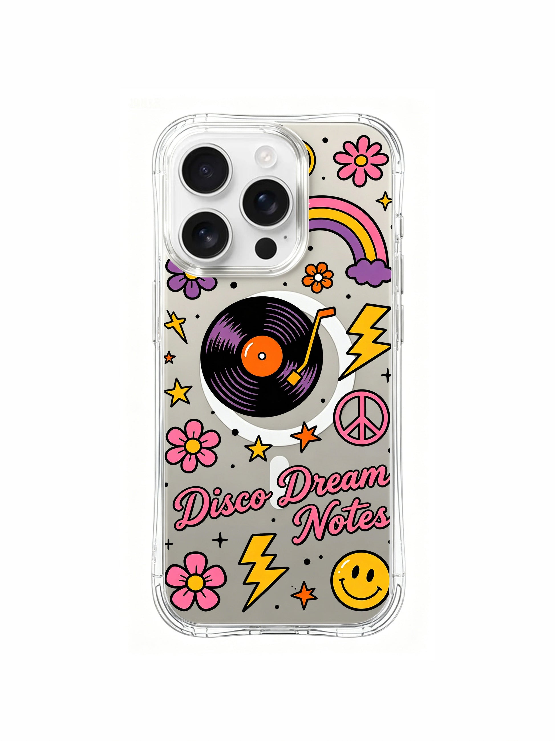 PhoneCasing iPhone 16 pro max MagSafe case featuring the vibrant "Disco Dream Notes" design, with retro vinyl records, rainbows, smiley faces, and peace signs, plus anti-drop protection.