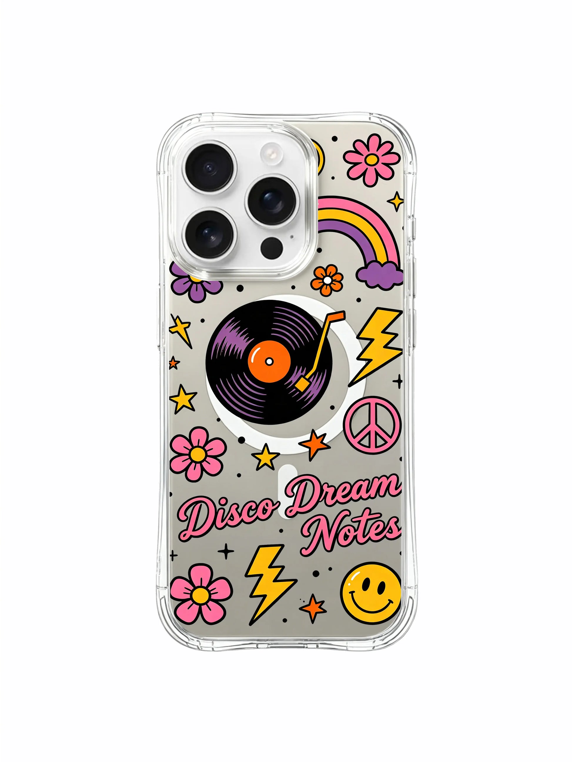 PhoneCasing iPhone 16 pro max case connected to MagSafe charger, with the "Disco Dream Notes" doodles clearly visible around the charging ring.