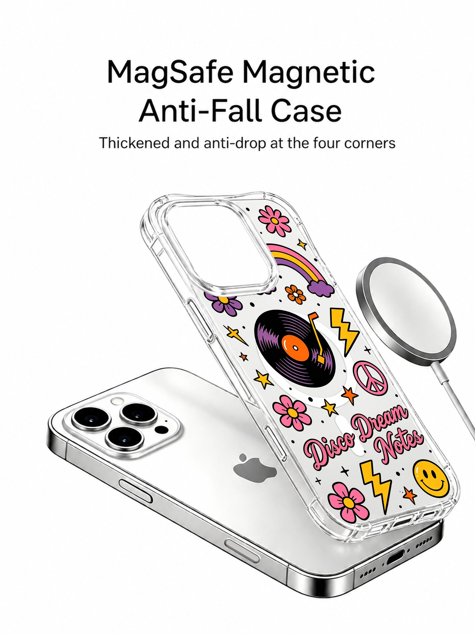 PhoneCasing iPhone 16 pro max case shown with MagSafe charger, highlighting the magnetic alignment and the colorful disco-themed doodle art.
