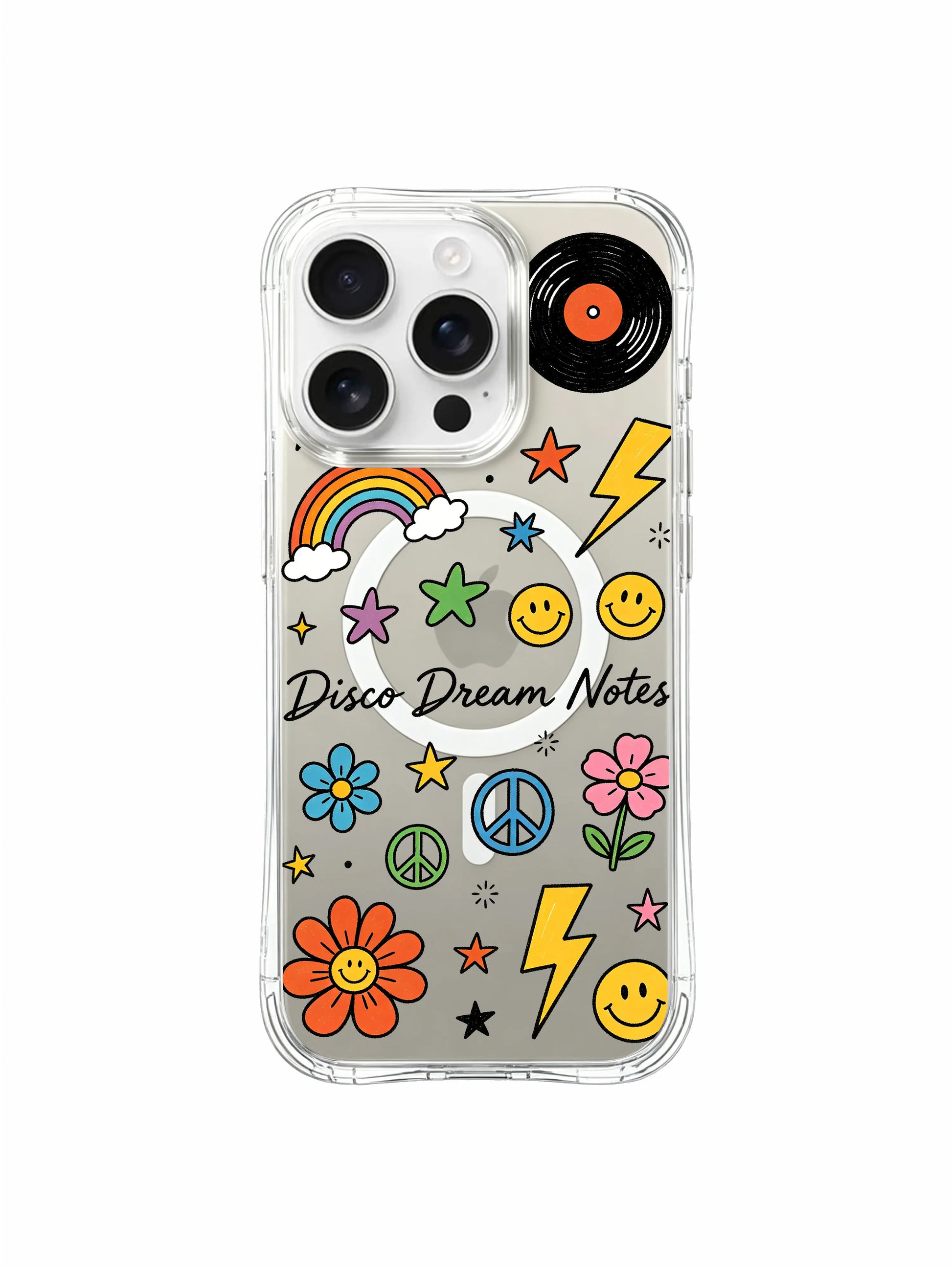 PhoneCasing iPhone 16 pro max clear MagSafe case showing the reflective surface with the "Disco Dream Notes" design mirrored on the back.