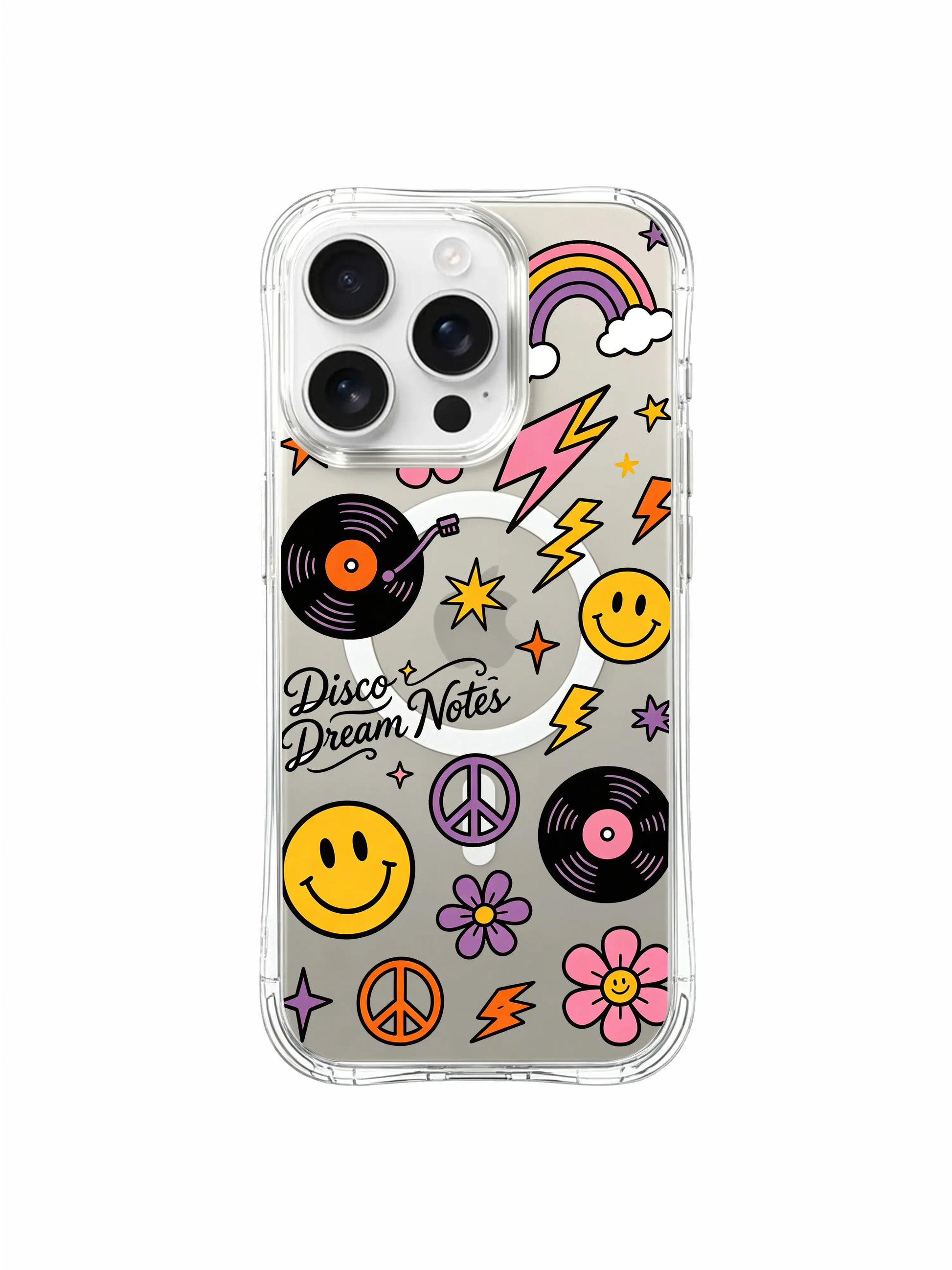 PhoneCasing iPhone 16 pro max shock-absorbent case showcasing the four-corner anti-drop protection with the "Disco Dream Notes" print.