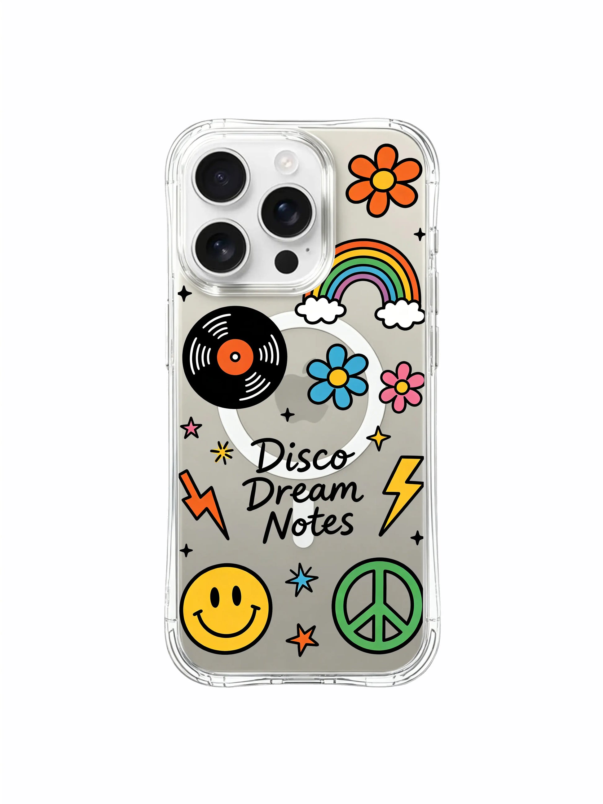 PhoneCasing iPhone 16 pro max transparent case featuring vibrant rainbows and peace signs from the "Disco Dream Notes" design, ideal for daily use.