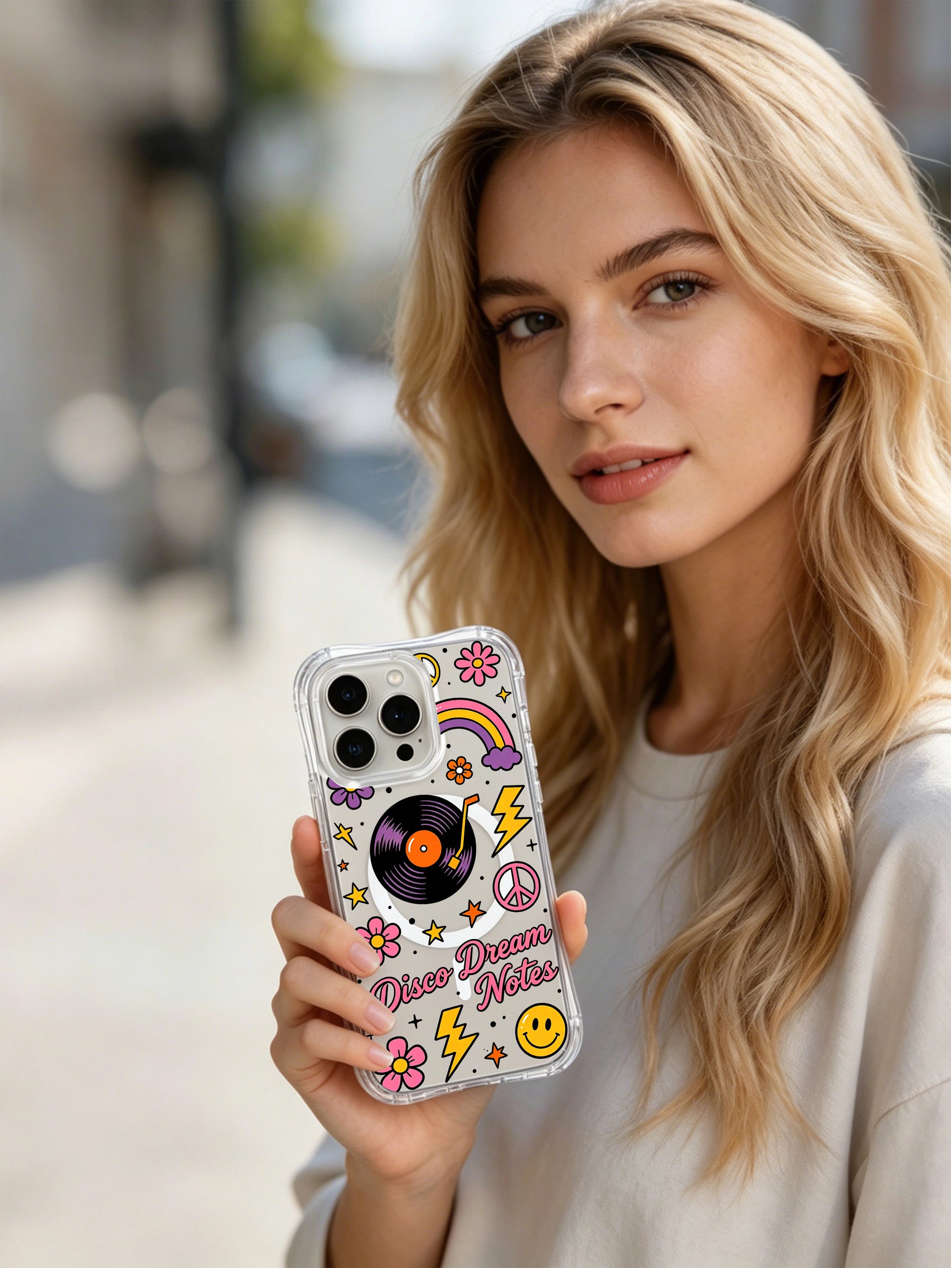 PhoneCasing iPhone 16 pro max anti-yellowing clear case featuring retro flowers, smiley faces, and vinyl records from the "Disco Dream Notes" collection.