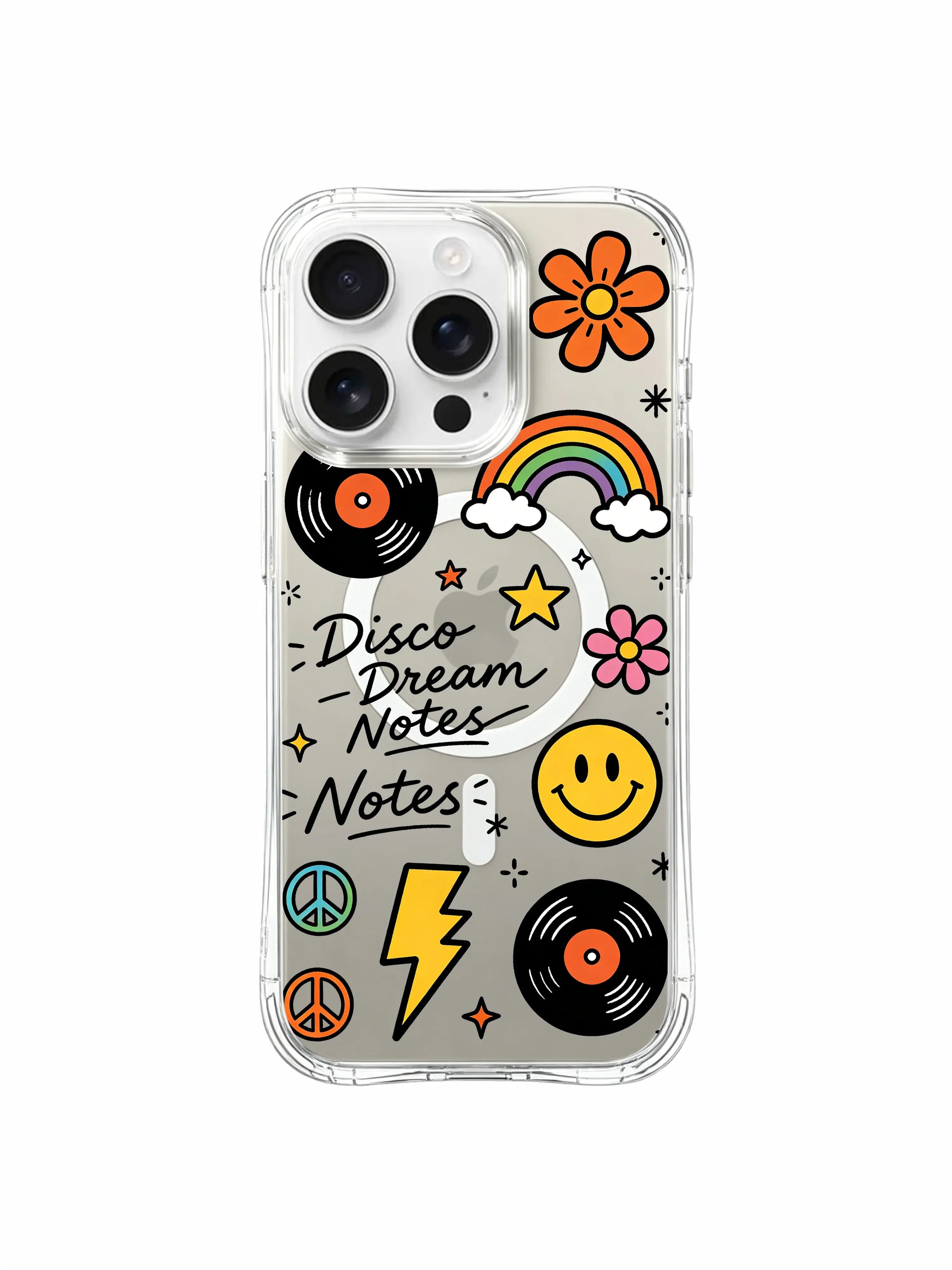 PhoneCasing iPhone 16 pro max slim ergonomic case with the full "Disco Dream Notes" collage of retro vinyl, flowers, and stars.
