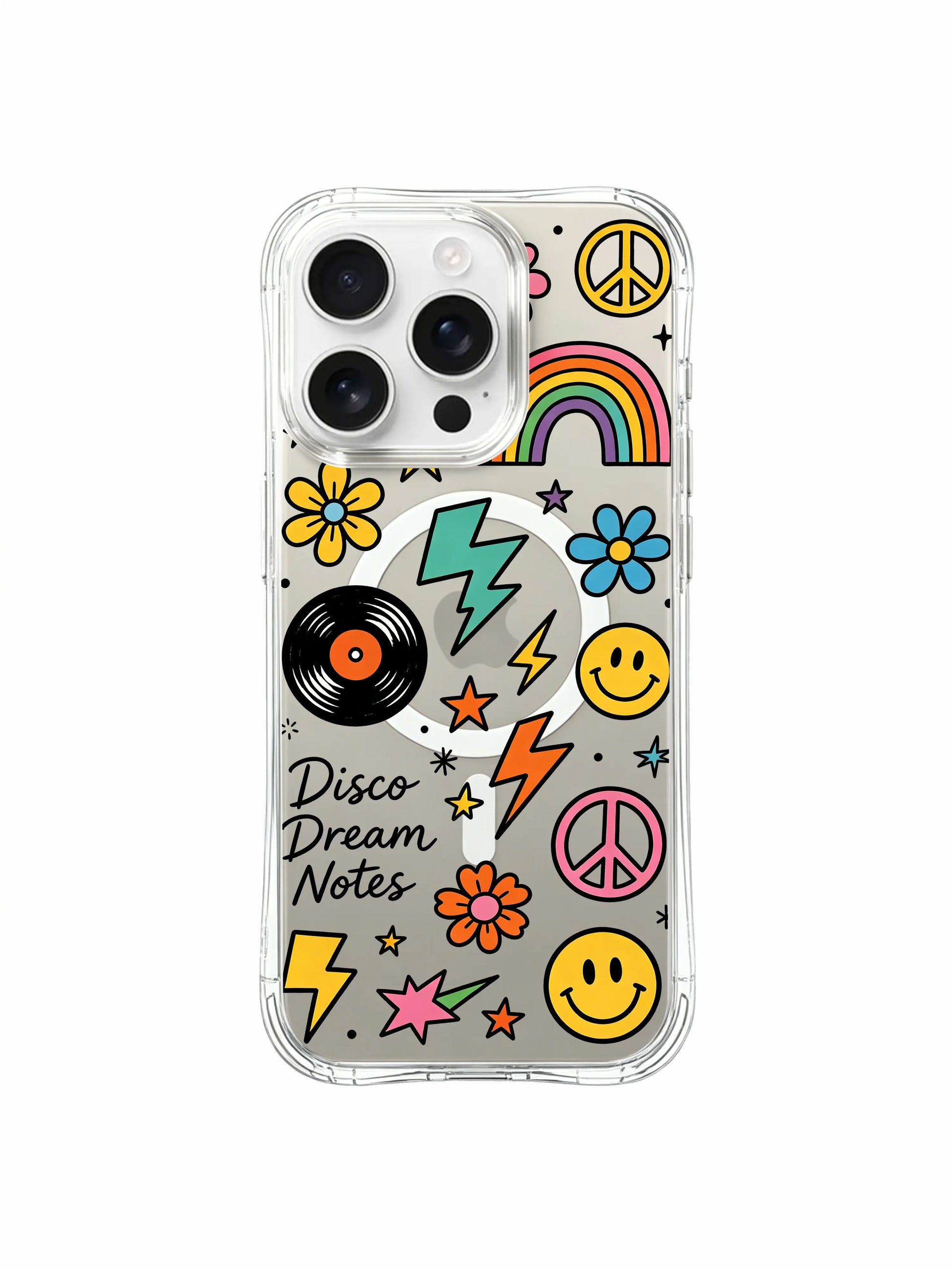 PhoneCasing iPhone 16 pro max drop-proof MagSafe case with the cheerful smiley face doodles from the "Disco Dream Notes" design, perfect for retro lovers.