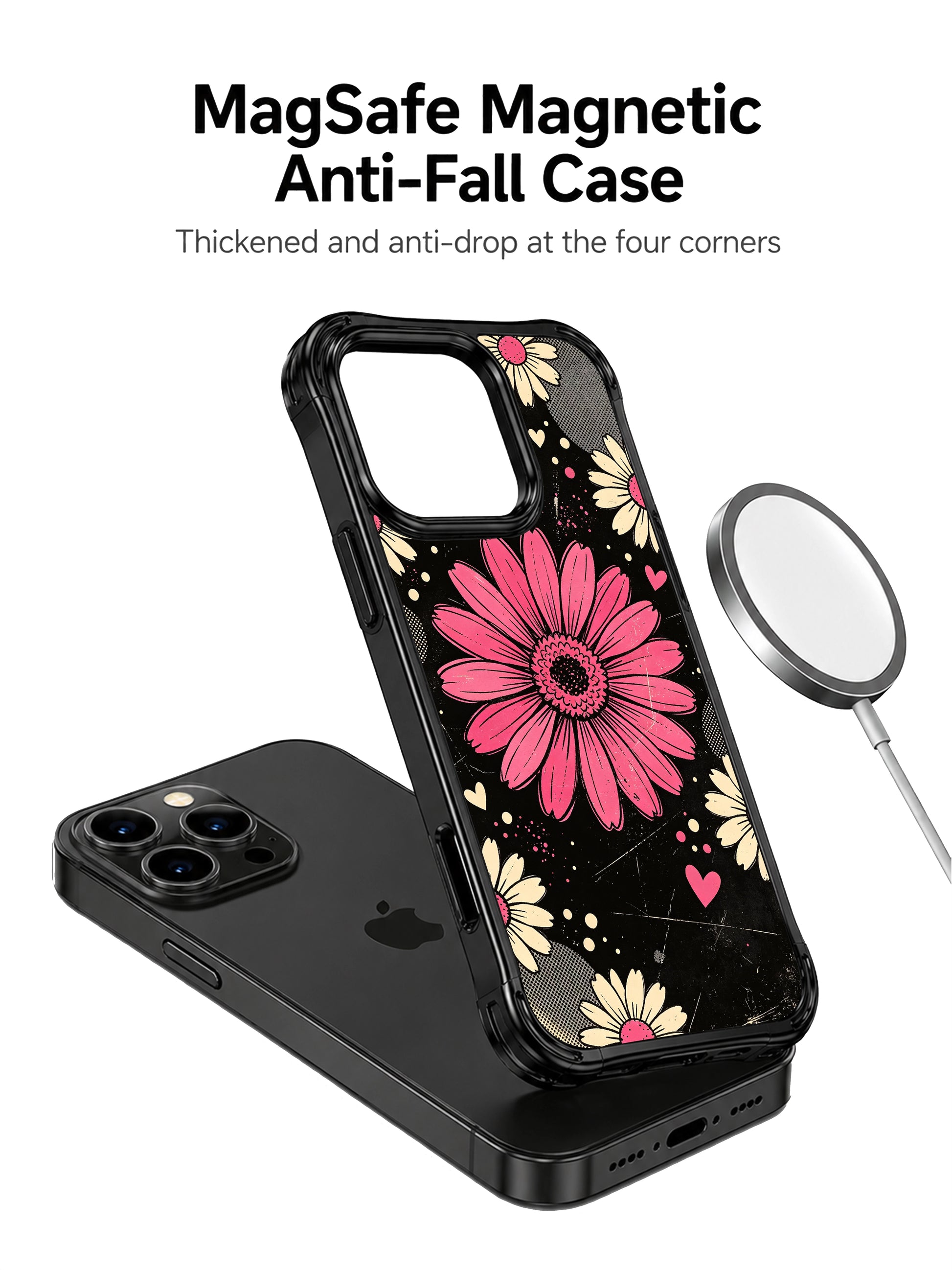 PhoneCasing iPhone 16 pro Case with worn grunge black backdrop centered spotlight raspberry gerbera daisy layered cream daisy heart speckle pattern, exclusive Ruby Daze design, gallery-quality wavy black frame iPhone 16 pro casing.