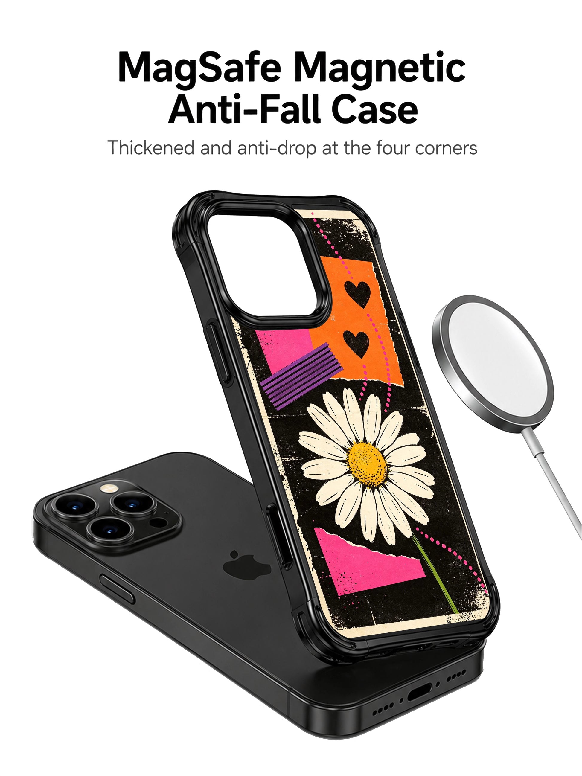 PhoneCasing iPhone 16 pro Case with weathered vintage street collage scratch grain dark base oversized central cream daisy rough frayed torn color block thick purple tape black heart dotted curve pattern, exclusive Ruby Daze design, gallery-quality wavy black frame iPhone 16 pro casing.