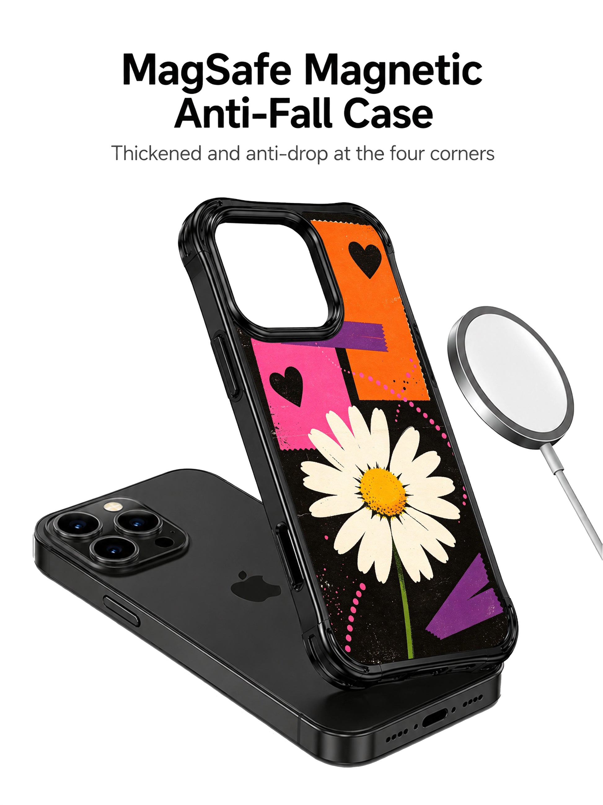 PhoneCasing iPhone 16 pro Case with weathered vintage street collage scratch grain dark base oversized central cream daisy rough frayed torn color block thick purple tape black heart dotted curve pattern, exclusive Ruby Daze design, gallery-quality wavy black frame iPhone 16 pro casing.