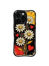 PhoneCasing iPhone 16 pro Case with rough scratched vintage punk backdrop creamy daisies with sunflower golden centers scattered red heart speckle dot pattern, exclusive Ruby Daze design, gallery-quality wavy black frame iPhone 16 pro casing.
