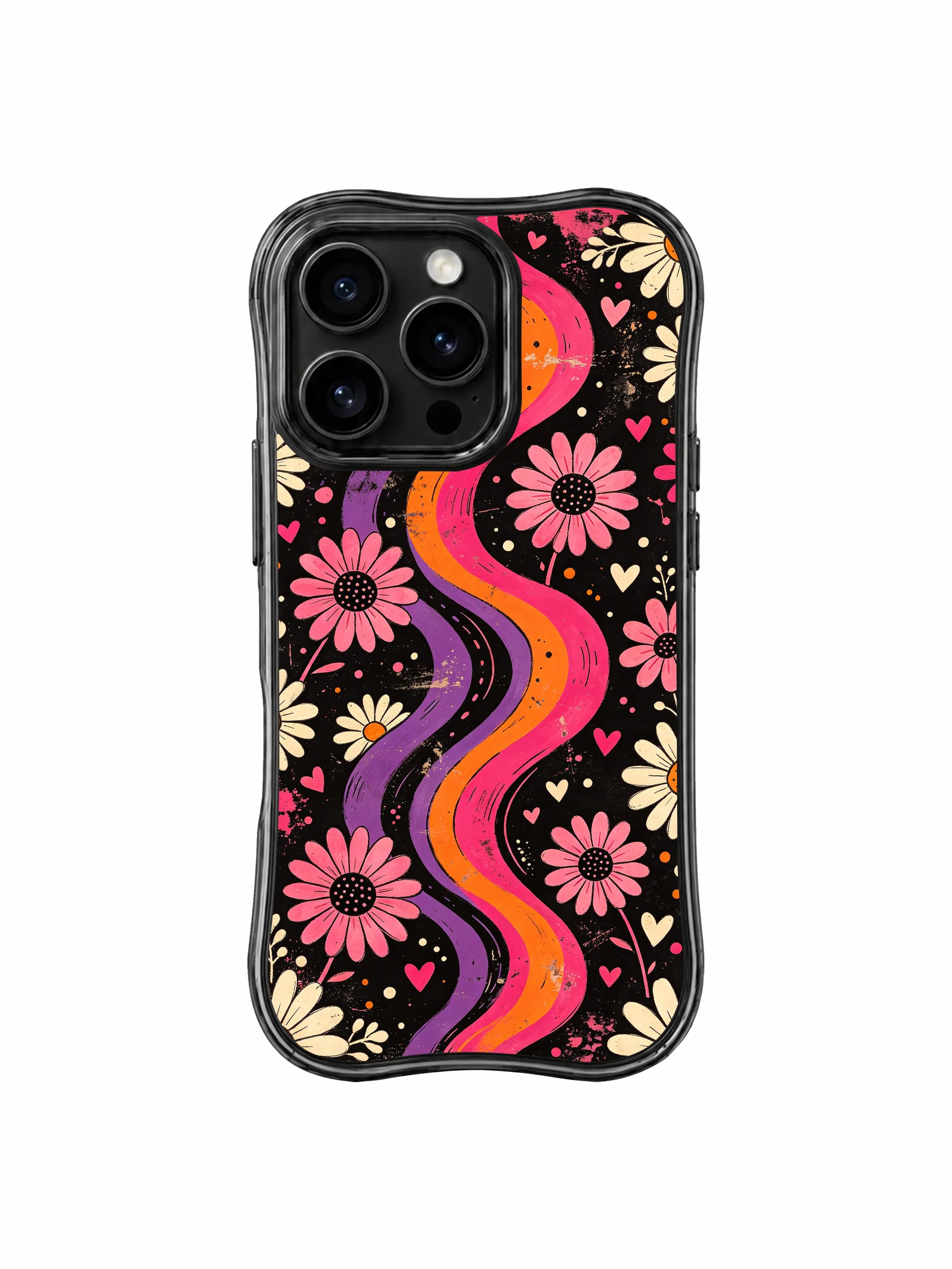 PhoneCasing iPhone 16 pro Case with authentic worn faded vintage poster grain & uneven swirl brush texture, exclusive Ruby Daze Tangerine Love Field floral artwork, scratch-proof wavy phone protection.