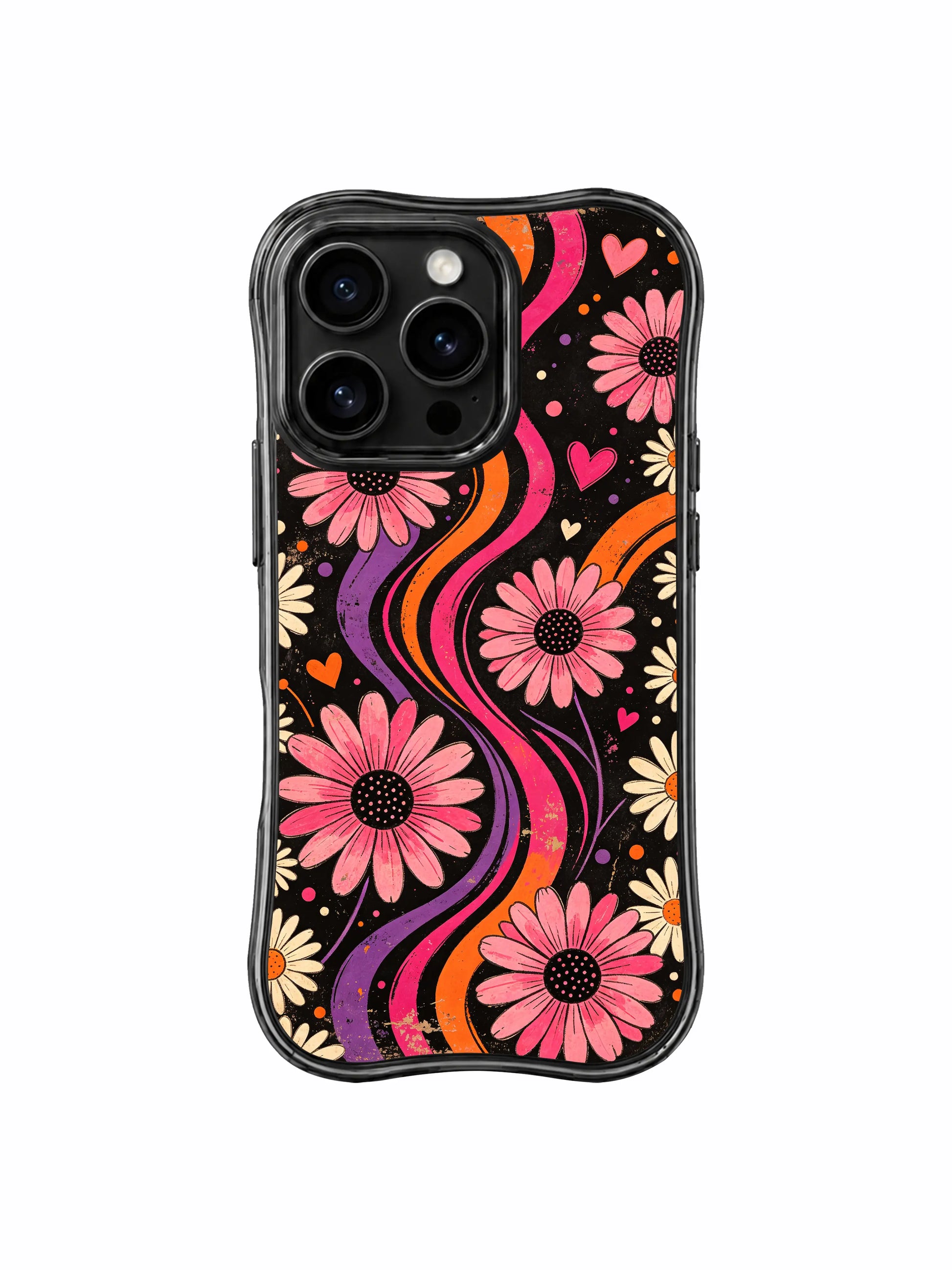 PhoneCasing iPhone 16 pro Case with authentic worn faded vintage poster grain & uneven swirl brush texture, exclusive Ruby Daze Tangerine Love Field floral artwork, scratch-proof wavy phone protection.