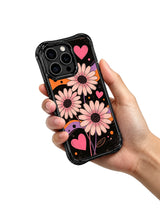 PhoneCasing iPhone 16 pro Case with textured grunge matte black canvas layered slow swirling lavender orange fluid gradients and loose watercolor blush daisies, Ruby Daze Soft Pink Flower Signal artist-designed wavy casing for tender bold feminine style.