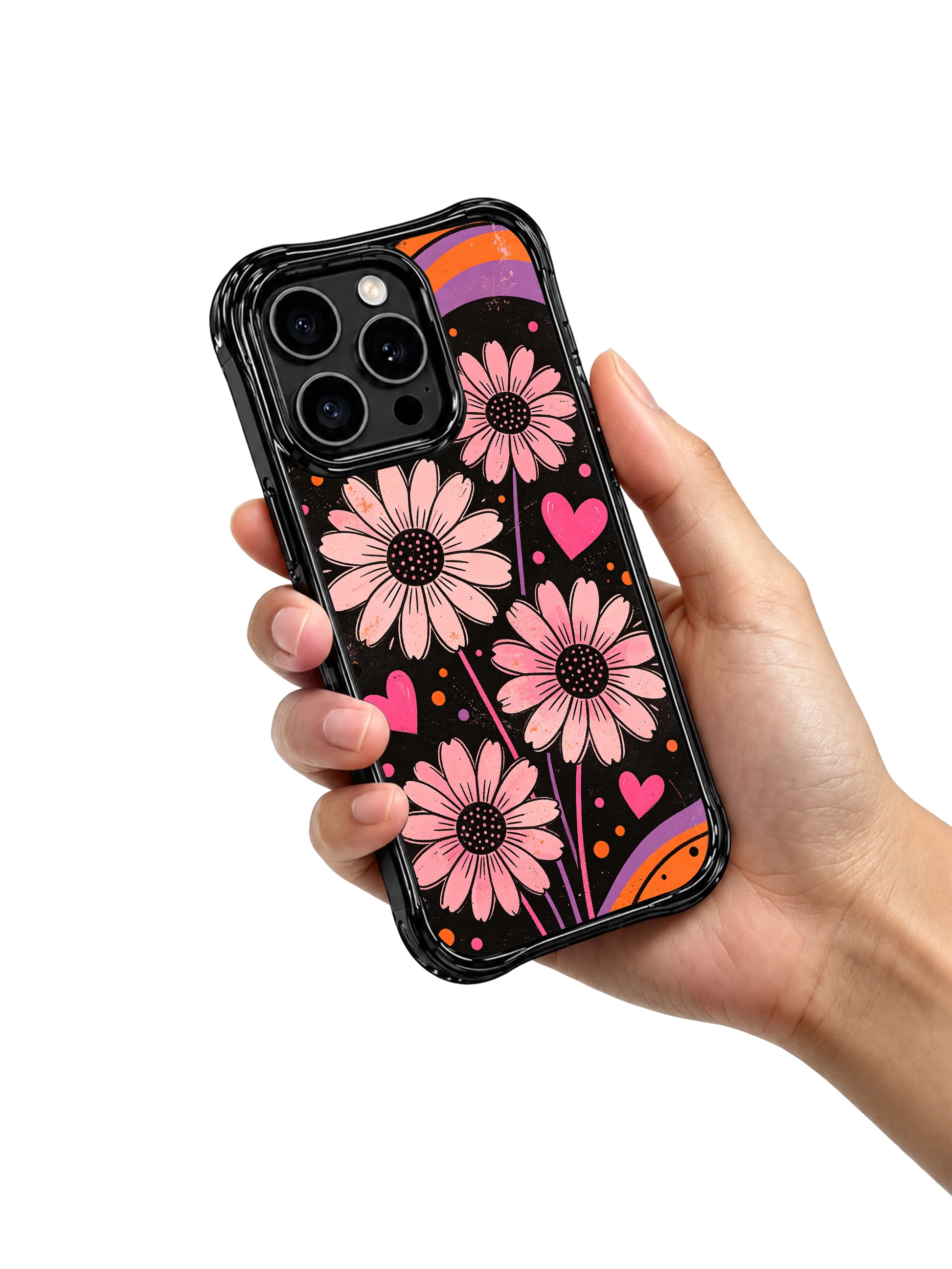 PhoneCasing iPhone 16 pro Case with textured grunge matte black canvas layered slow swirling lavender orange fluid gradients and loose watercolor blush daisies, Ruby Daze Soft Pink Flower Signal artist-designed wavy casing for tender bold feminine style.