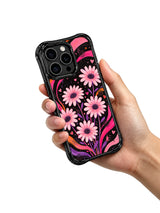 PhoneCasing iPhone 16 pro Case with textured grunge matte black canvas layered slow swirling lavender orange fluid gradients and loose watercolor blush daisies, Ruby Daze Soft Pink Flower Signal artist-designed wavy casing for tender bold feminine style.