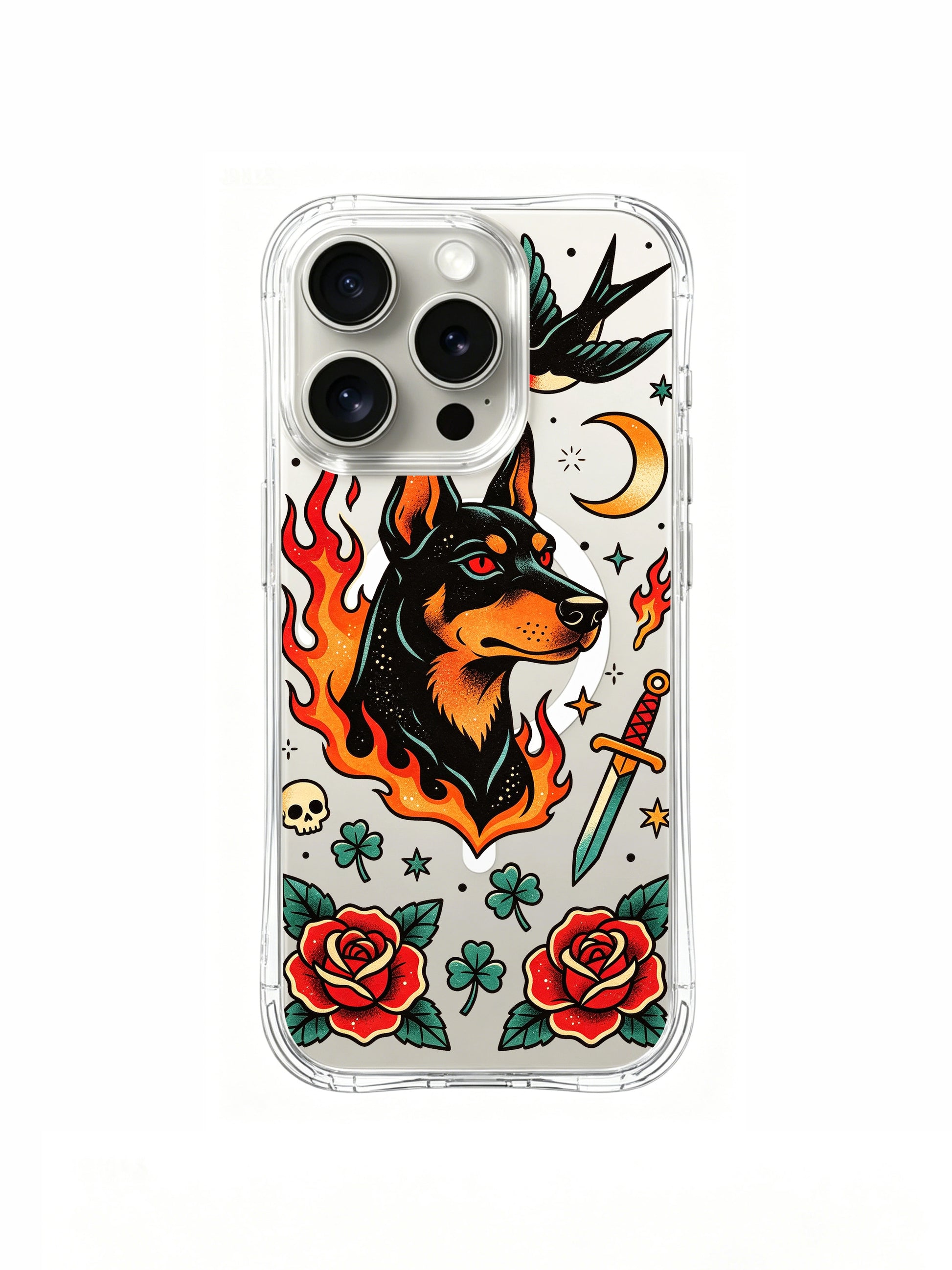PhoneCasing iPhone 15 pro Case featuring Ruby Blackthorn’s Black Dog Midnight Garden art, vintage traditional tattoo doberman design, premium clear wearable fine art casing crafted in California for women art collectors.