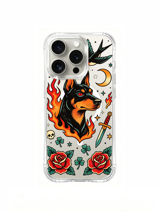 PhoneCasing iPhone 15 pro Case featuring Ruby Blackthorn’s Black Dog Midnight Garden art, vintage traditional tattoo doberman design, premium clear wearable fine art casing crafted in California for women art collectors.