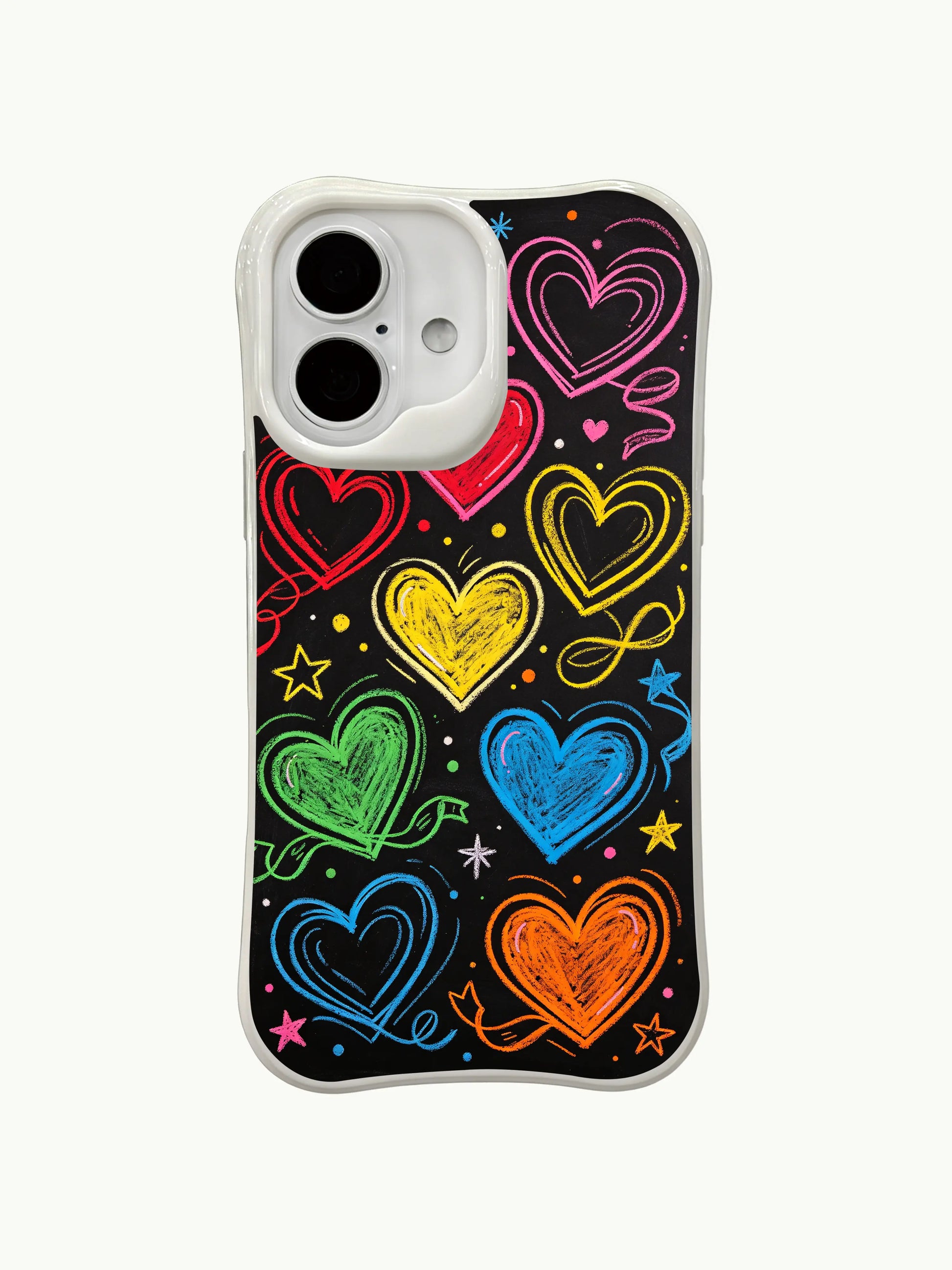 PhoneCasing Neon Candy Hearts Case for iPhone 16 Plus, a playful iPhone 16 plus casing with rainbow chalk hearts and sketchy outlines.