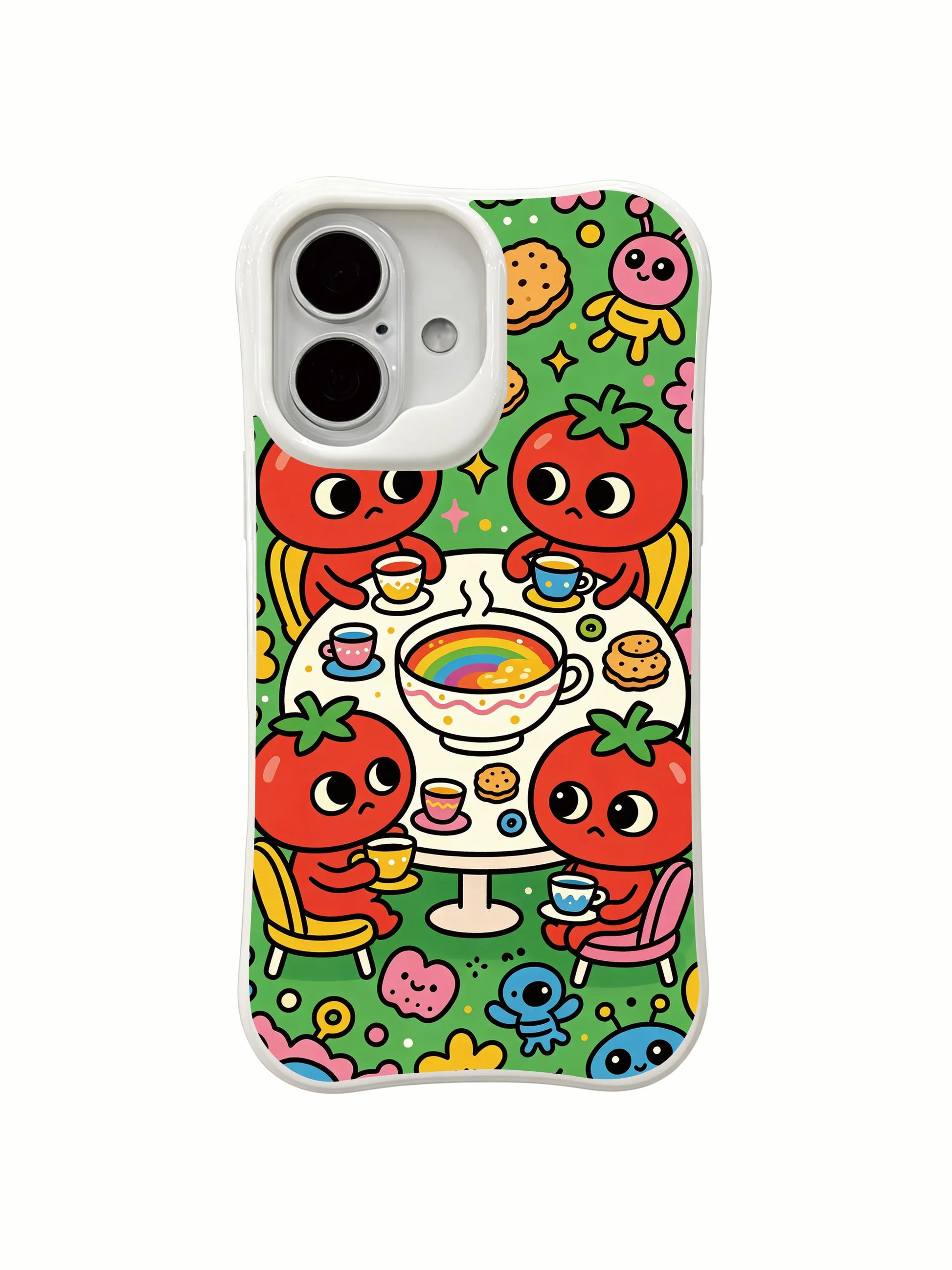 PhoneCasing doodle cosmic afternoon meal iPhone 16 Plus Case, relaxing fantasy scene designed by artist Milo Yun.