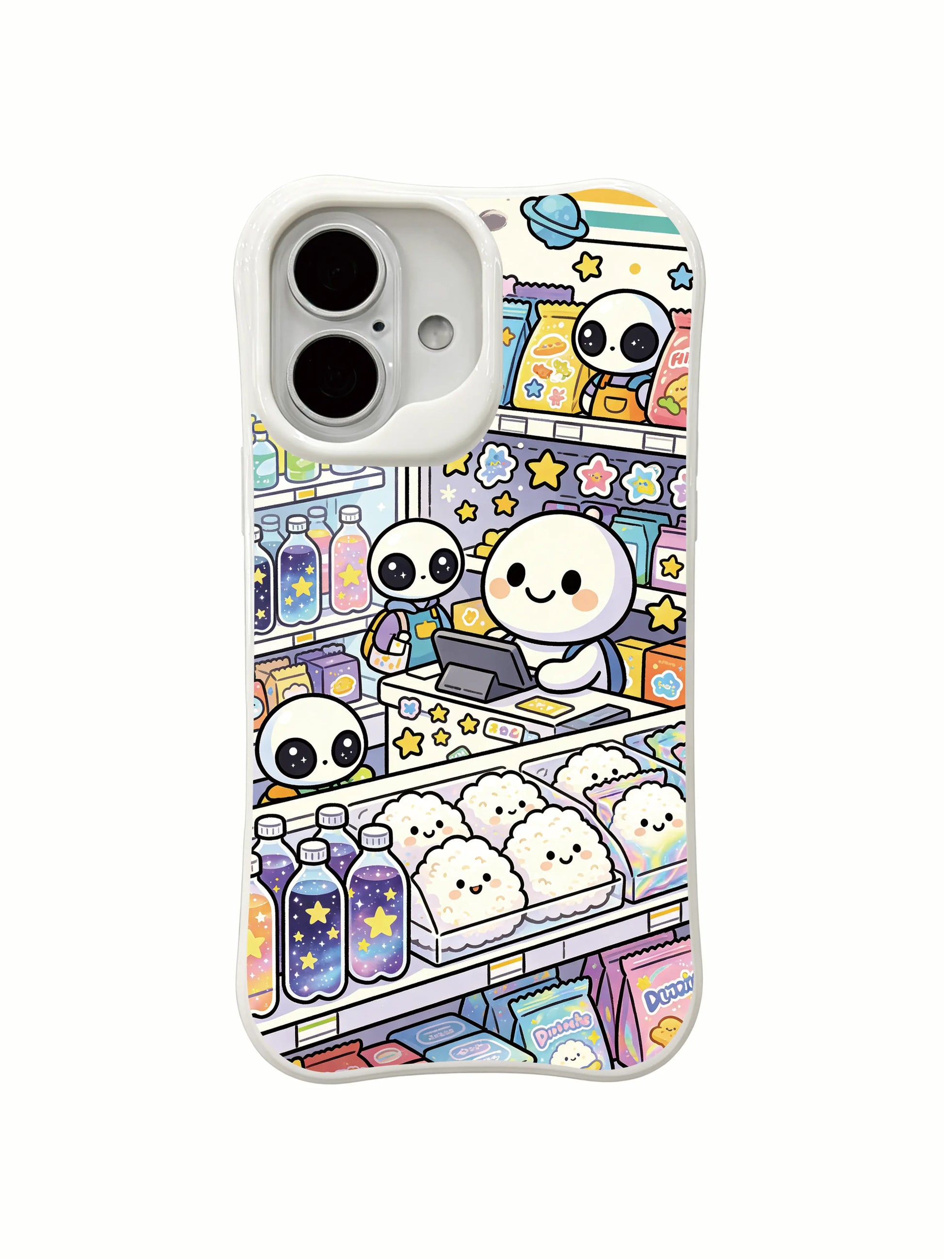 PhoneCasing doodle cosmic convenience iPhone 16 Plus Case, playful fantasy scene created by artist Milo Yun.