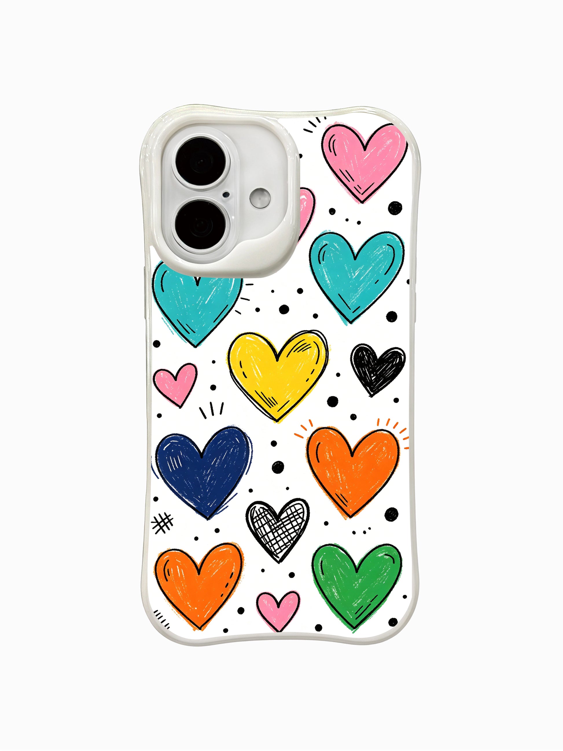 PhoneCasing Doodle Heart Exercise Book Case for iPhone 16 Plus by artist Mila Hartwell, a playful iPhone 16 plus casing with hand-drawn colorful hearts and sketch details.