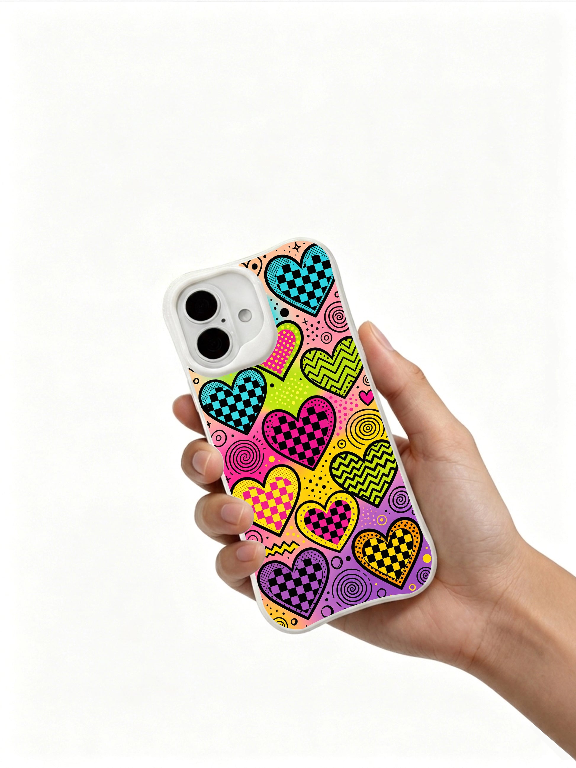 PhoneCasing Doodle Heart Mosaic Case for iPhone 16 Plus, a playful iPhone 16 plus casing with mixed pattern hearts and retro gradient accents.