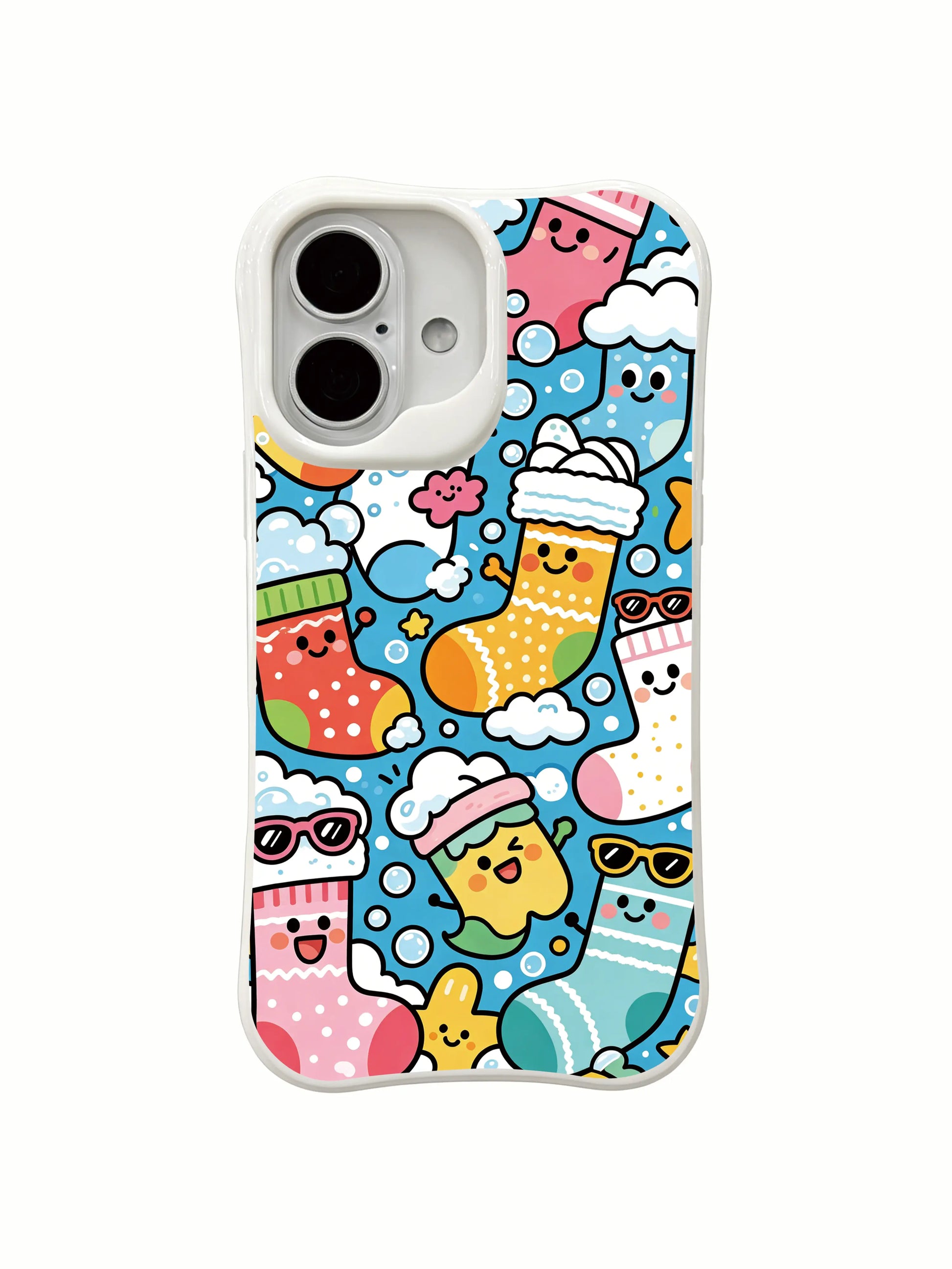PhoneCasing doodle sock escape iPhone 16 Plus Case, playful fantasy scene created by artist Milo Yun.