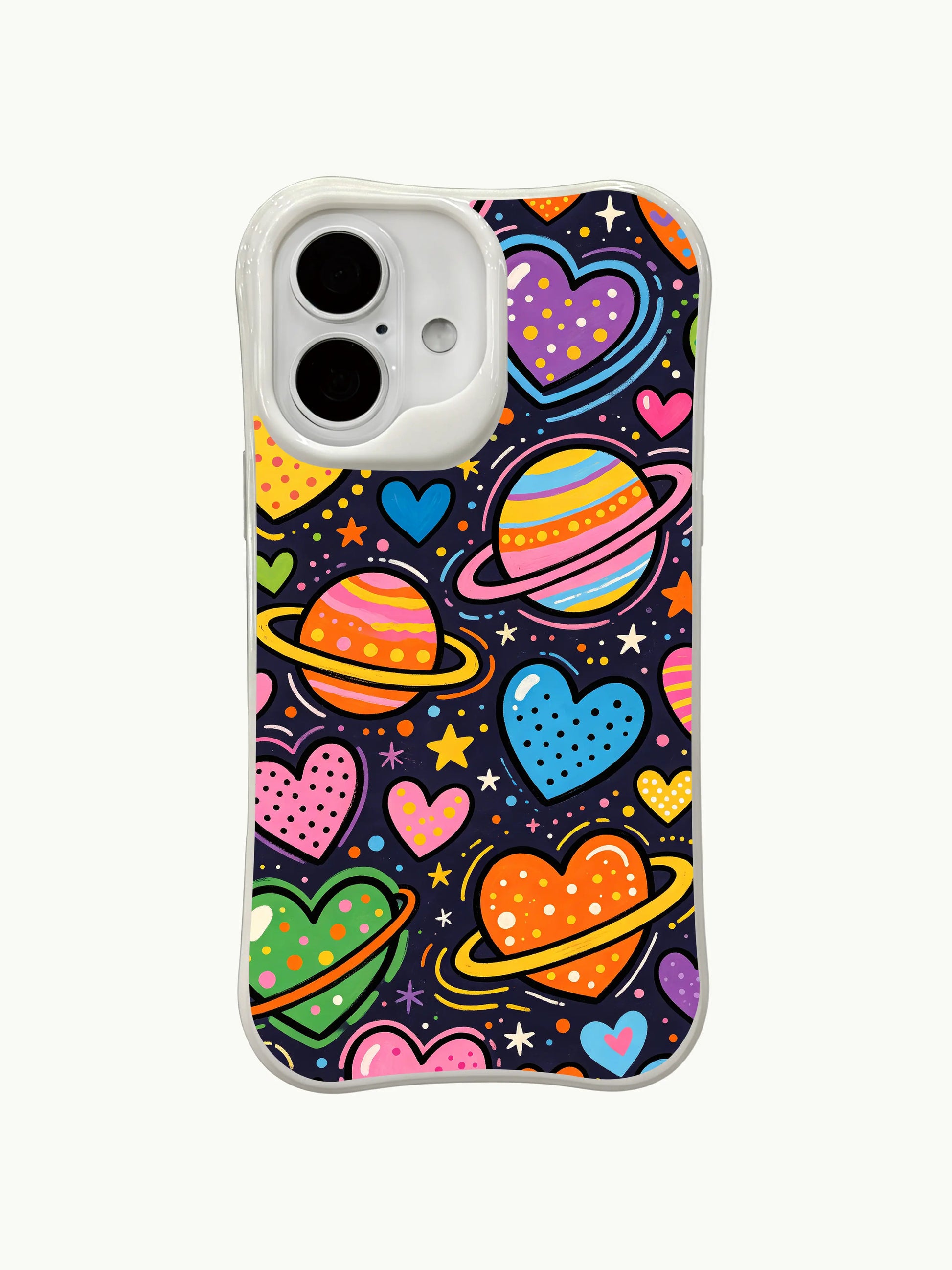 PhoneCasing Doodle Space Hearts Case for iPhone 16 Plus, a vibrant iPhone 16 plus casing with heart planets and retro accents.