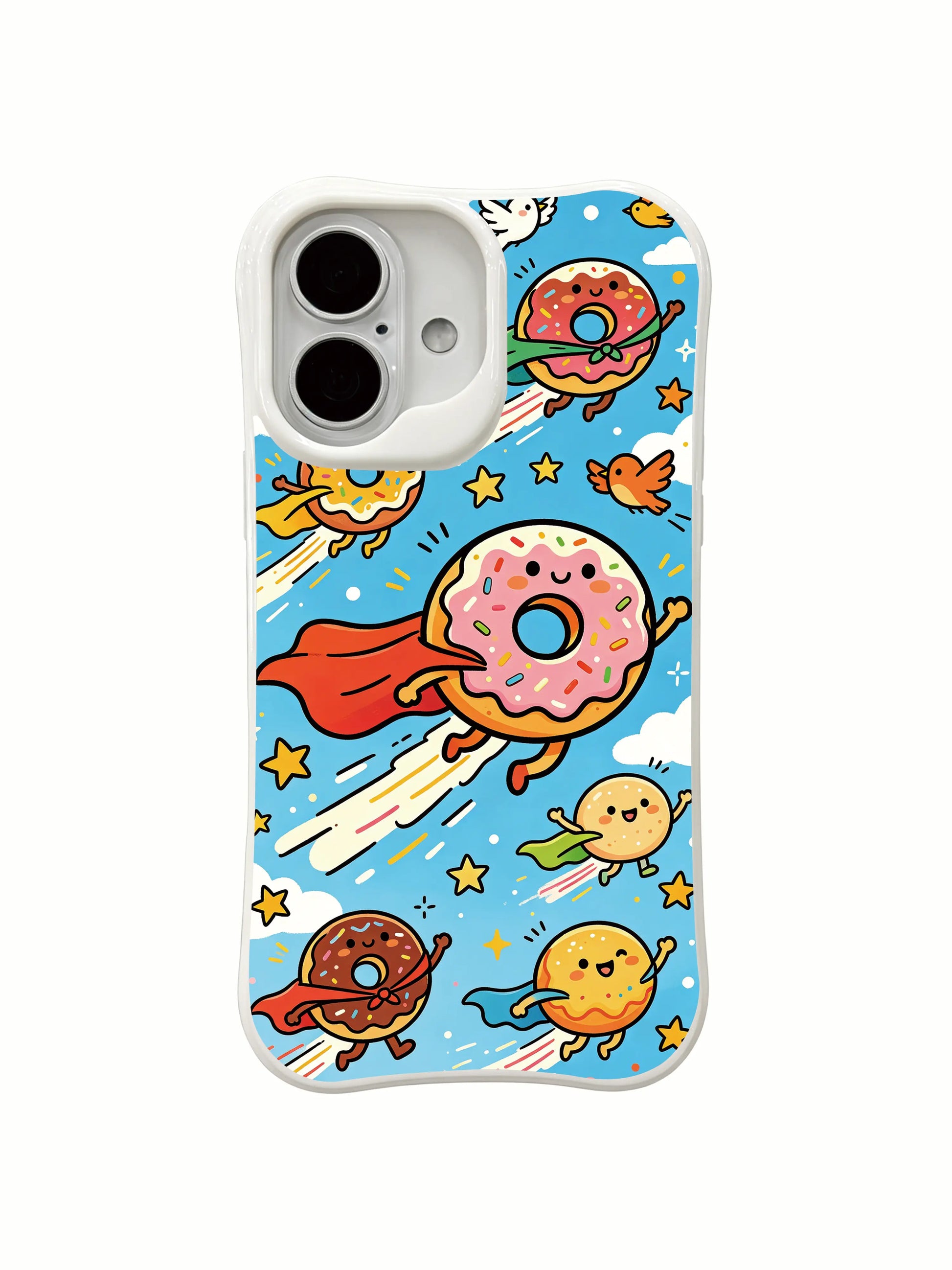 PhoneCasing doodle super donut adventure iPhone 16 Plus Case, relaxing fantasy scene designed by artist Milo Yun.