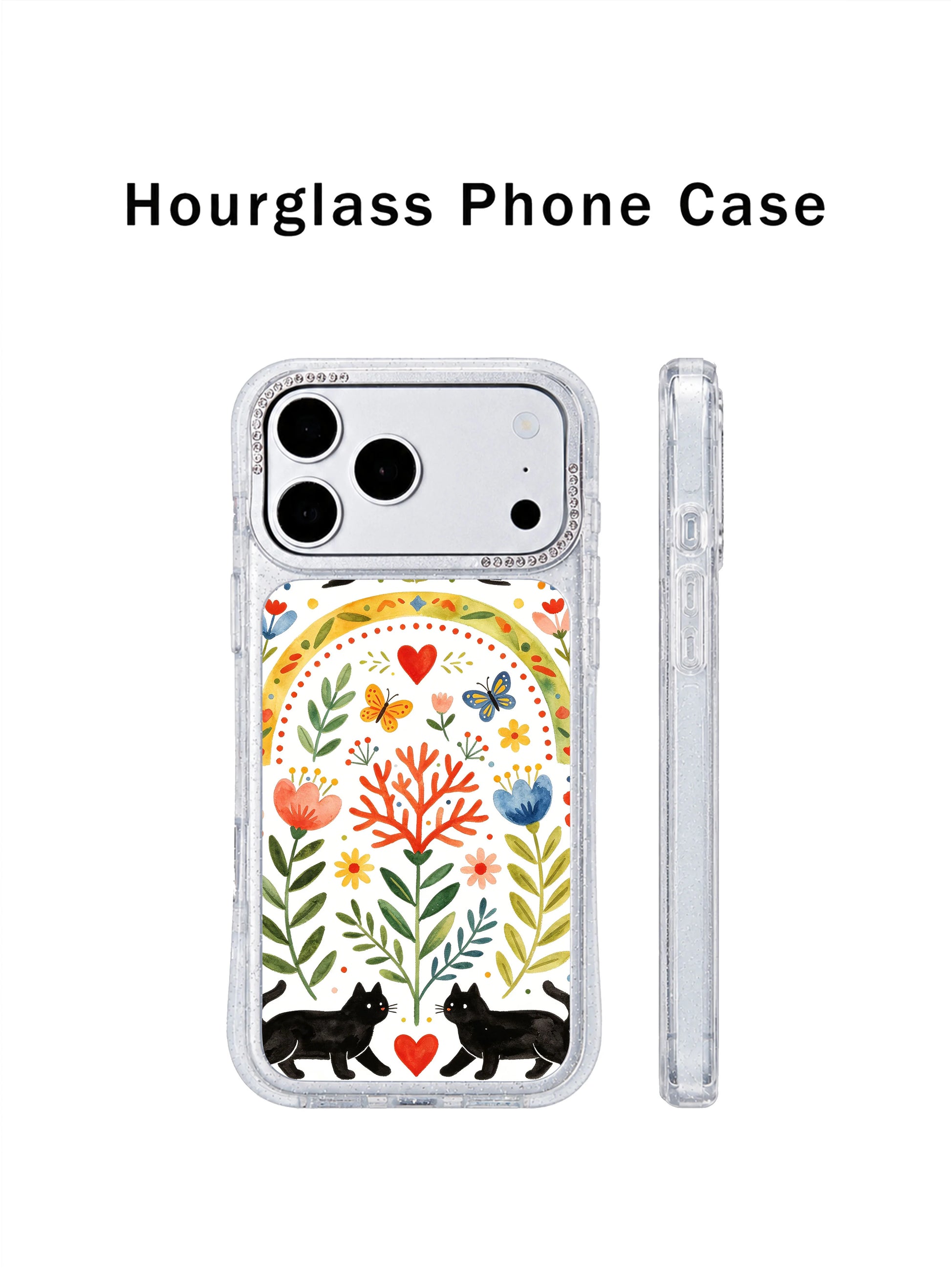 PhoneCasing precision-cutout iphone 17 pro Max case with dotted rainbow arches framing full-bloom poppies, dual cats and fluttering butterflies with unobstructed port and button access.