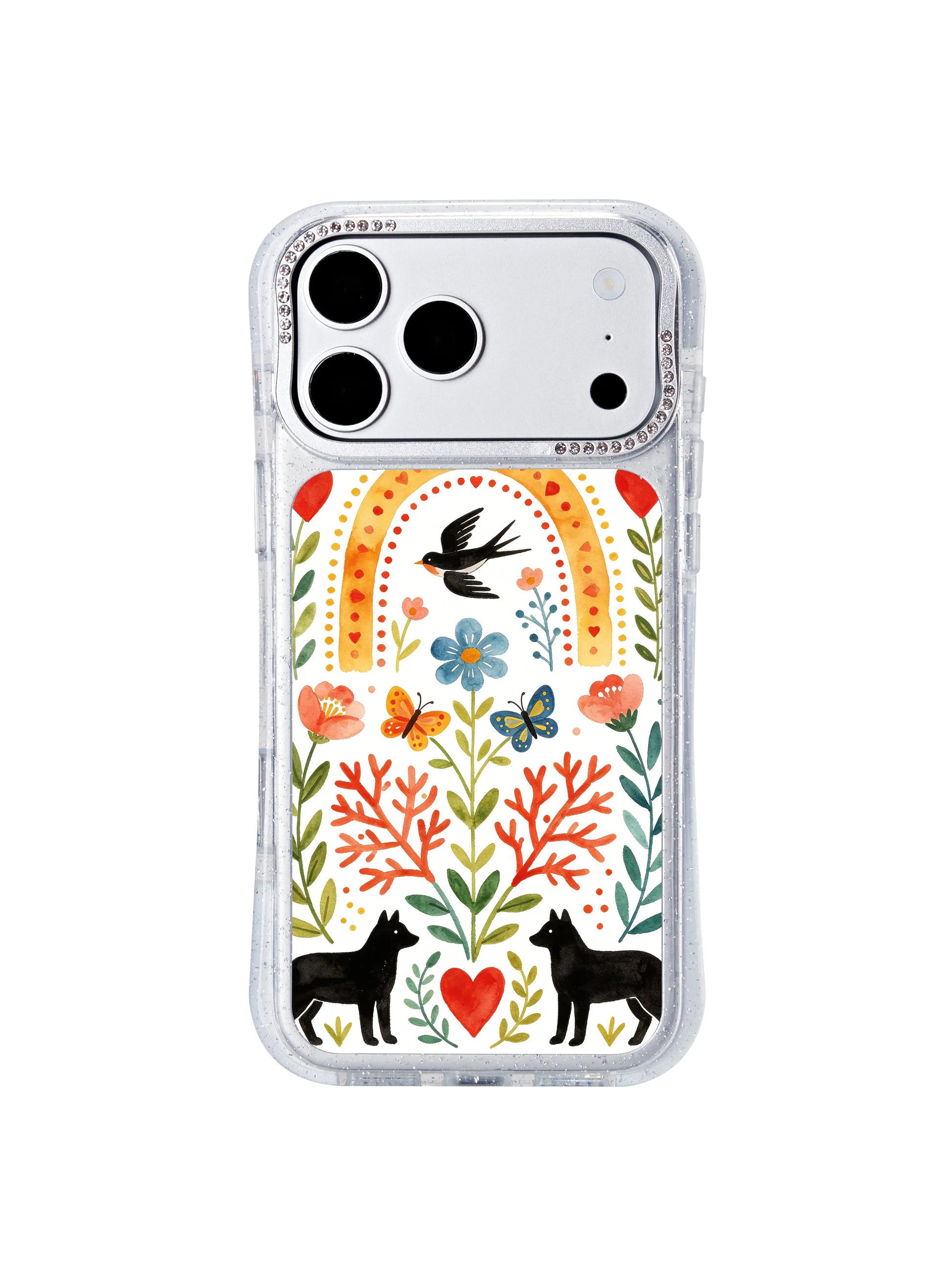 PhoneCasing officially licensed original artwork iphone 17 pro Max casing with double stacked rainbow arches, a central swallow and layered wildflower arrangements straight from the artist’s studio.