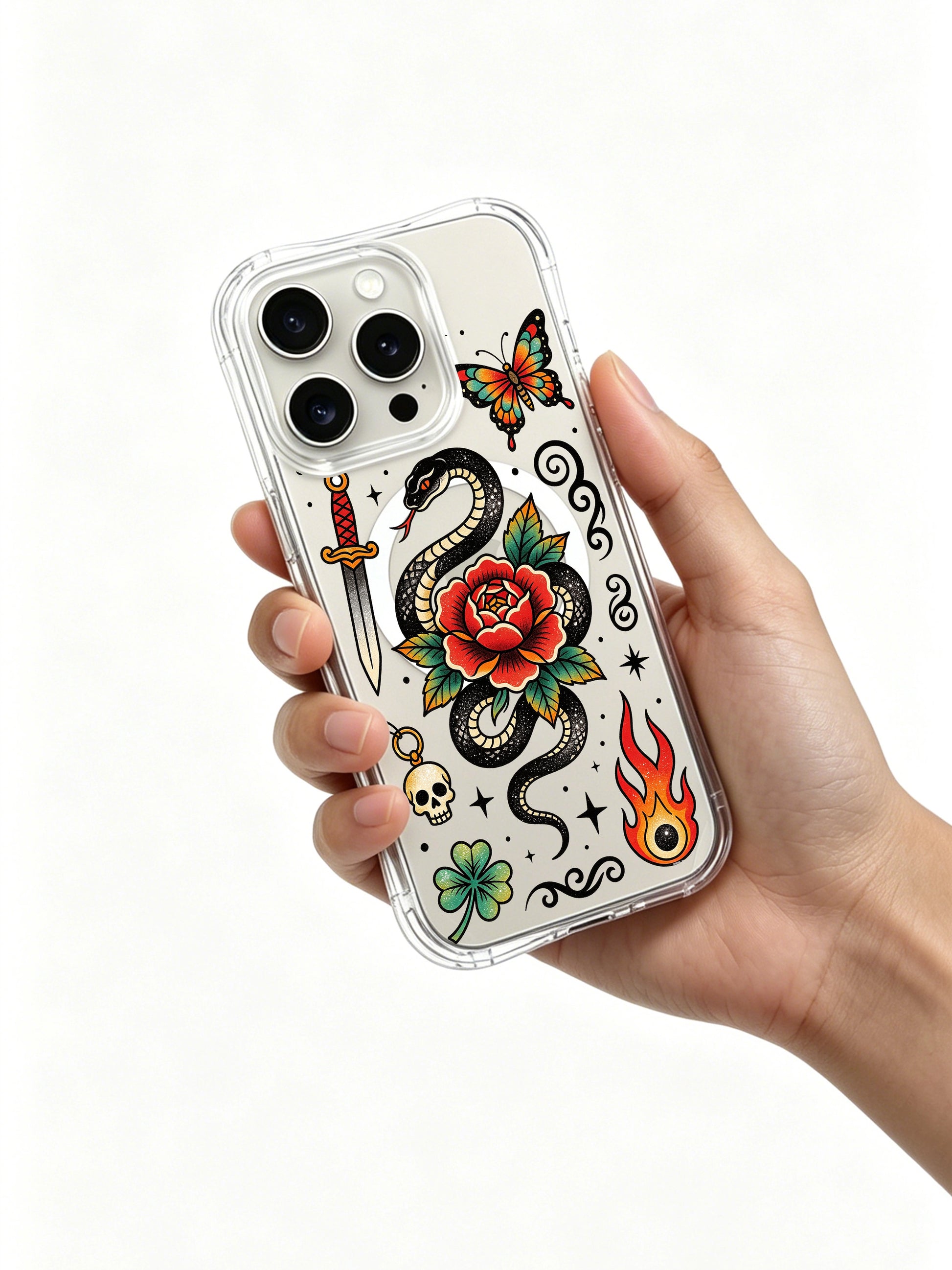 PhoneCasing iPhone 15 pro Case paired two top butterflies and central rose serpent tattoo, hanging skull charm & warm flame print, high-end anti-drop clear iPhone 15 pro casing ideal for birthday gifting.