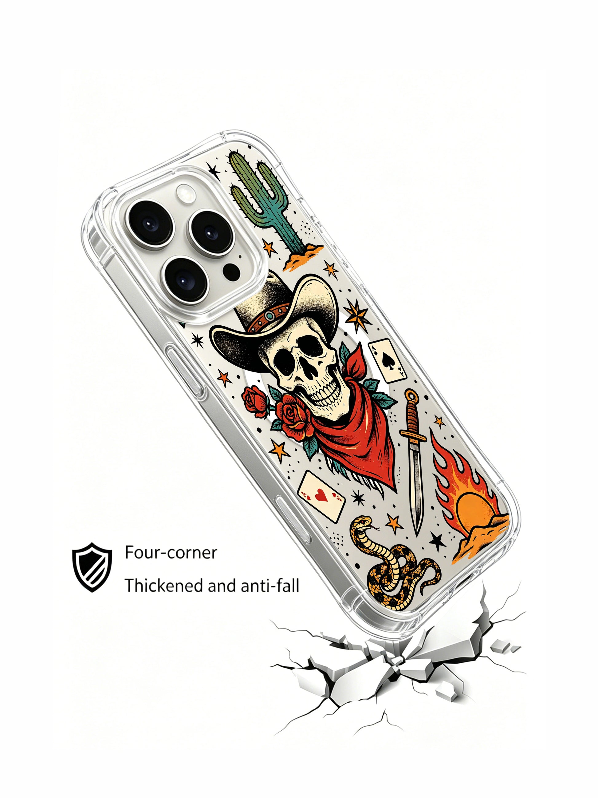 PhoneCasing iPhone 15 pro Case paired dual vintage daggers, horseshoe charm, desert cactus, red rose and heart ace print, fade-proof archival printed wearable fine art casing.
