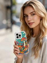 Purple and red mushroom pair artwork on an iPhone 16 Pro Max case