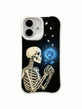 PhoneCasing double-sided white blank mockup Black Base Blue Rose iPhone 16 Case, front full-wrap glowing rose skeleton + plain white back display, seamless wrap print anti-scratch hard shell, MagSafe compatible slim protective iPhone 16 cover