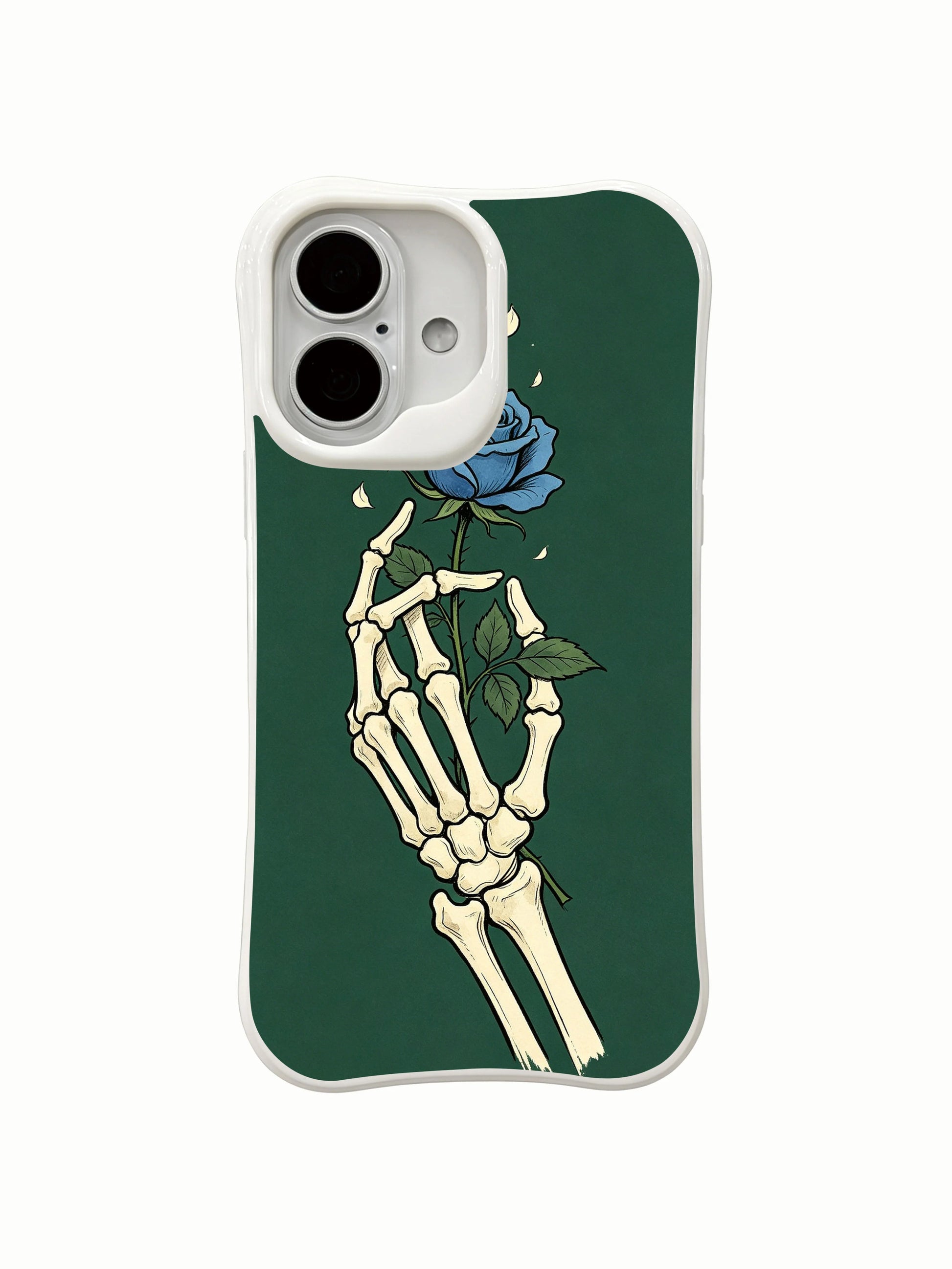 PhoneCasing double-sided white blank mockup Forest Blue Rose iPhone 16 Case, front full-wrap skeleton blue rose goth art + plain white rear panel, seamless wrap anti-scratch hard shell, MagSafe compatible slim protective iPhone 16 cover