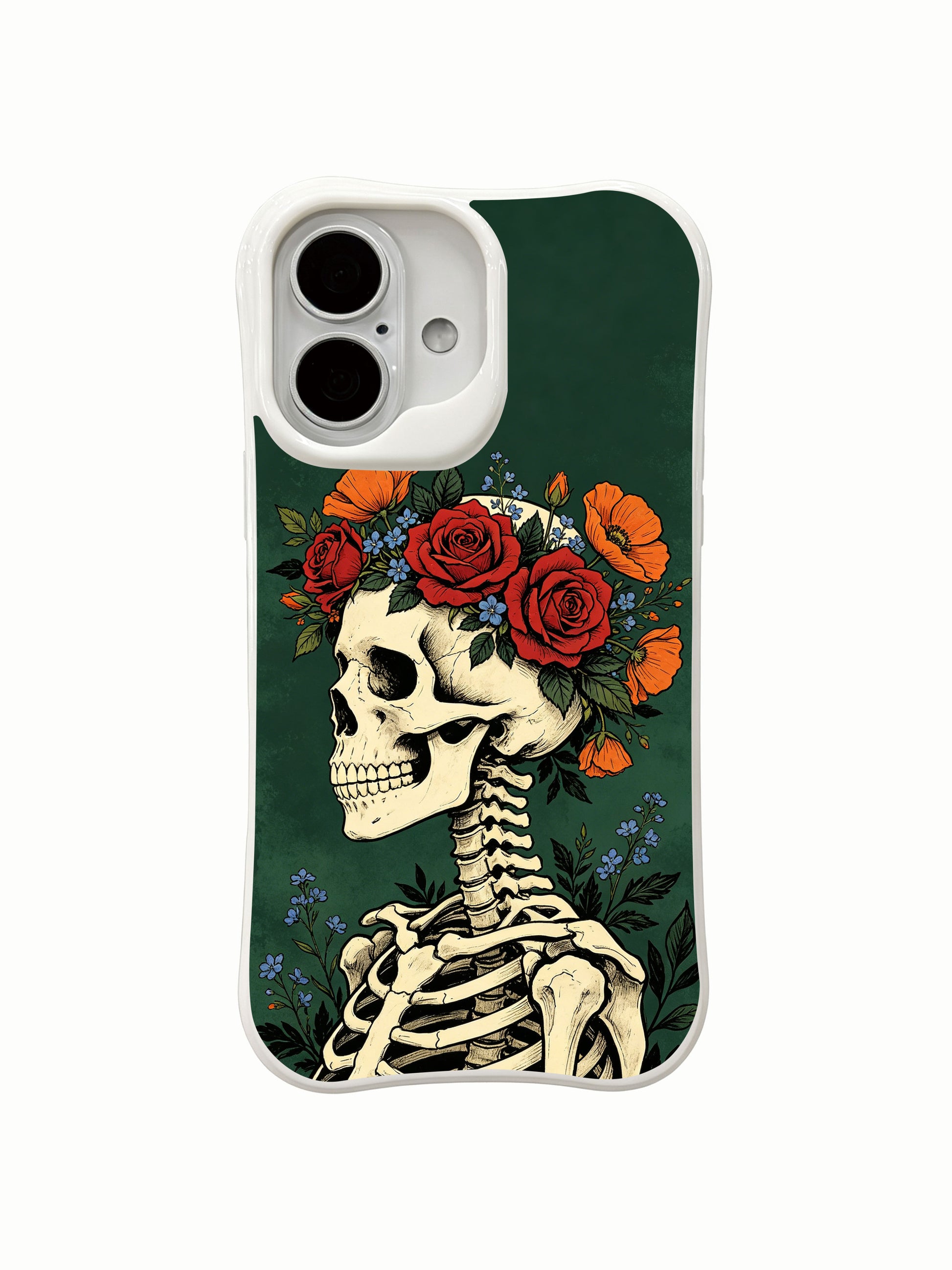 PhoneCasing double-sided white blank mockup Deep Forest Crown iPhone 16 Case, front full-wrap woodland crown skeleton + plain white back display, seamless wrap print anti-scratch hard shell, MagSafe compatible slim protective iPhone 16 cover
