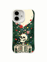 PhoneCasing double-sided white blank mockup Green Curtain Shower iPhone 16 Case, front full-wrap skeleton falling petal goth art + plain white rear panel, seamless wrap anti-scratch hard shell, MagSafe compatible slim protective iPhone 16 cover