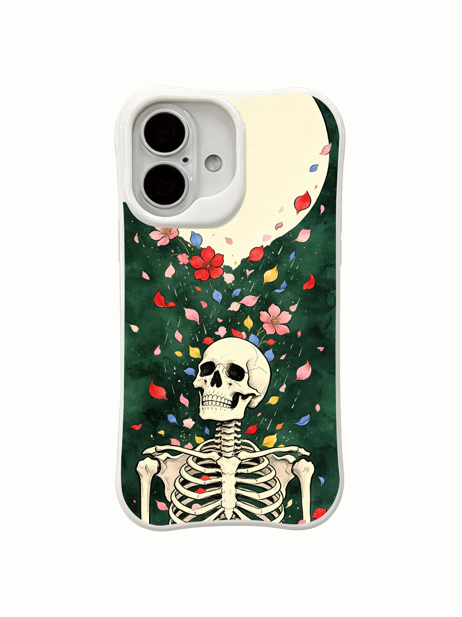 PhoneCasing double-sided white blank mockup Green Curtain Shower iPhone 16 Case, front full-wrap skeleton falling petal goth art + plain white rear panel, seamless wrap anti-scratch hard shell, MagSafe compatible slim protective iPhone 16 cover