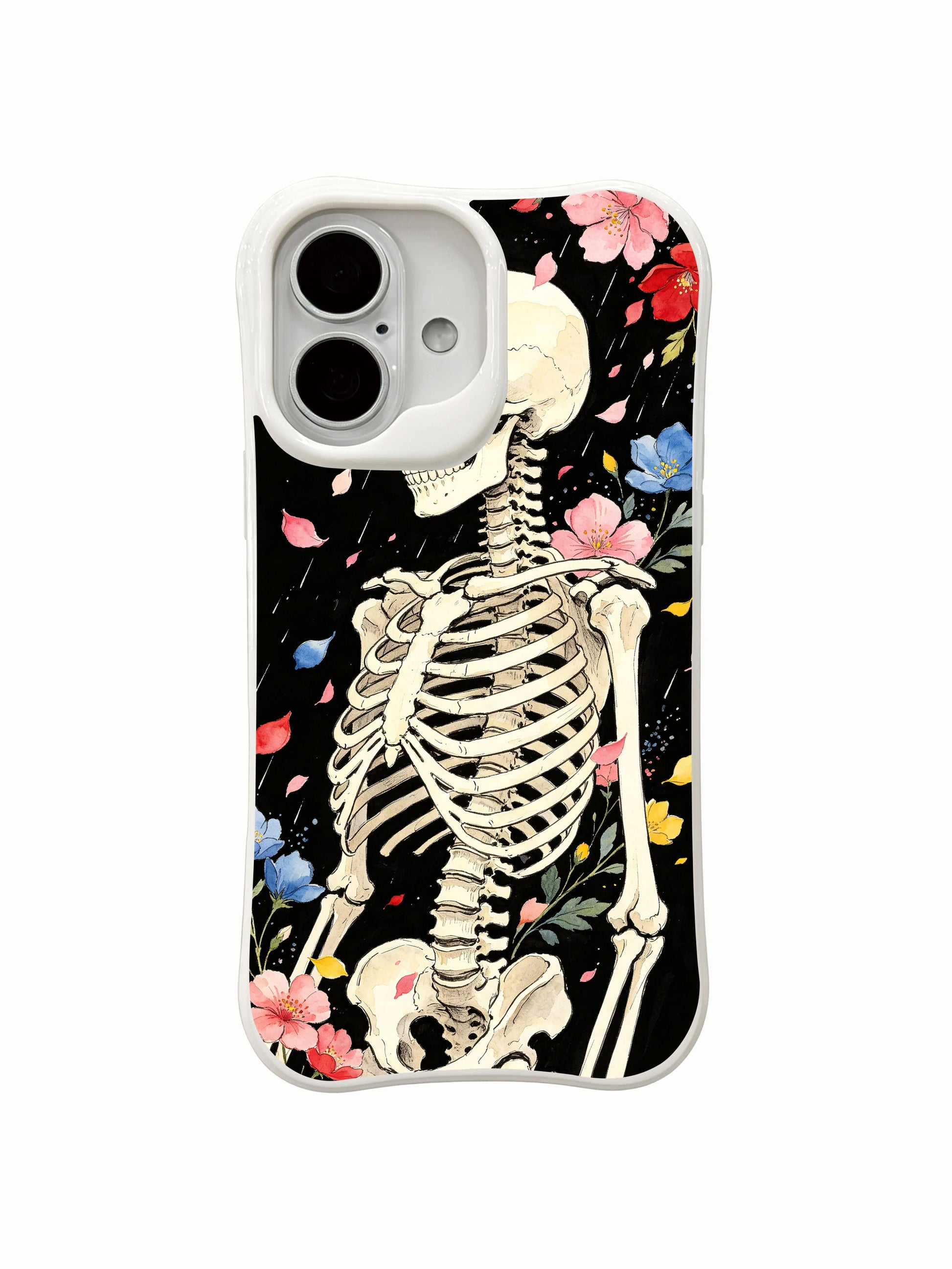 PhoneCasing double-sided white blank mockup Night Petal Rain iPhone 16 Case, front full-wrap falling petal skeleton + plain white back display, seamless wrap print anti-scratch hard shell, MagSafe compatible slim protective iPhone 16 cover