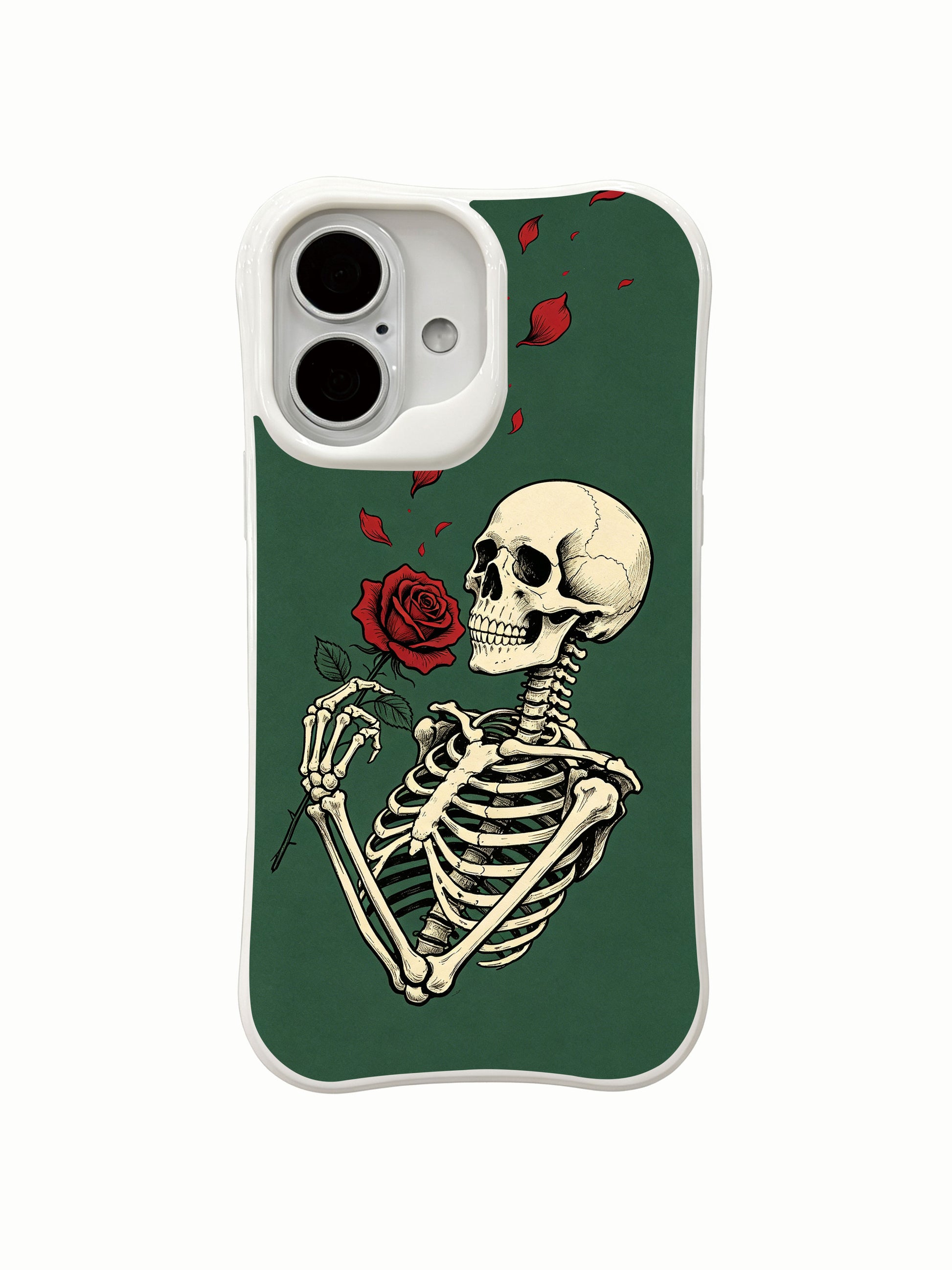 PhoneCasing double-sided white blank mockup Emerald Rose Letter iPhone 16 Case, front full-wrap skeleton red rose art + plain white rear panel, seamless wrap anti-scratch hard shell, MagSafe compatible slim protective iPhone 16 cover