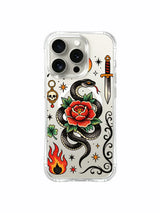 Snake and rose with clovers and flame skull artwork on an iPhone 15 Pro case