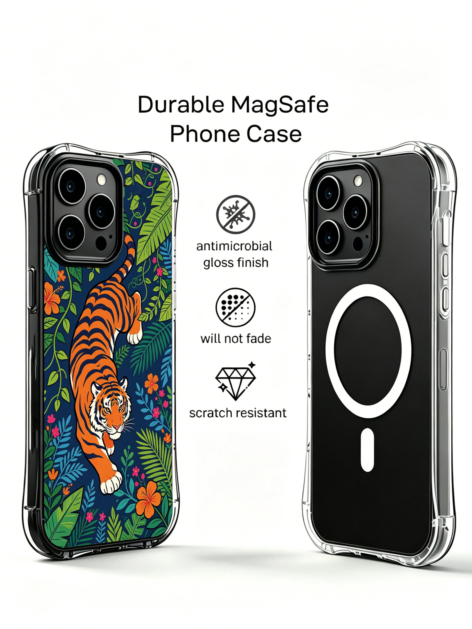 Downward stalking hidden jungle orange tiger emerging from dense leaves iPhone 13 pro Case by PhoneCasing, mixed tropical wildflower embellished art phone cover, boutique limited-edition wearable casing