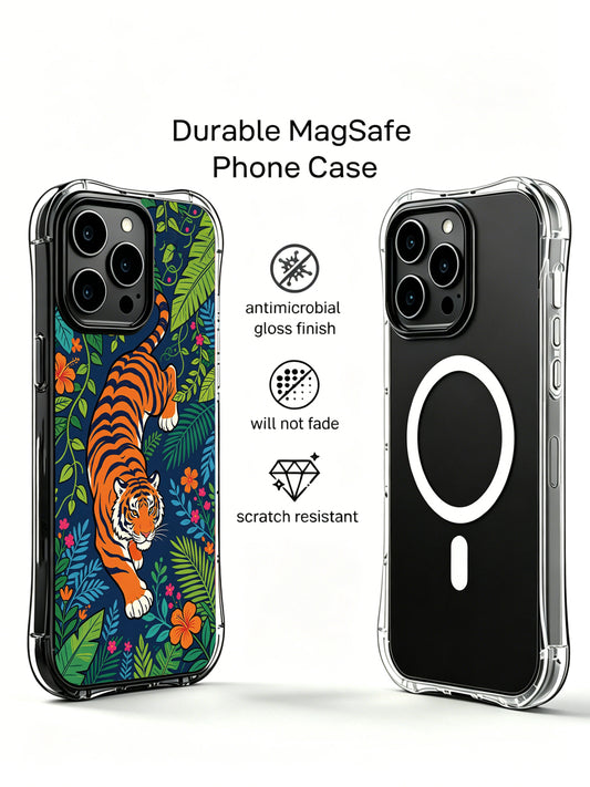 Downward stalking hidden jungle orange tiger emerging from dense leaves iPhone 13 pro Case by PhoneCasing, mixed tropical wildflower embellished art phone cover, boutique limited-edition wearable casing