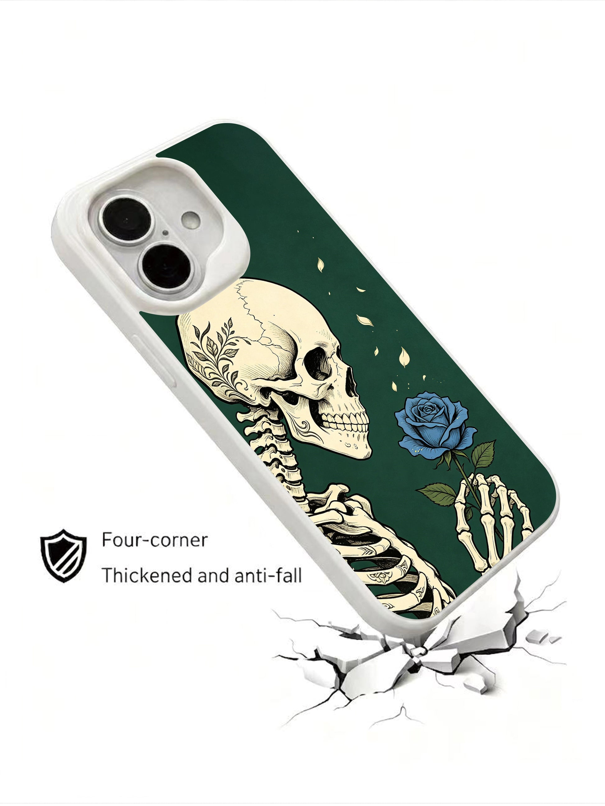 PhoneCasing Dream Blossom Bone goth iPhone 16 Case, dark academia skeleton illustration with rare forest blue rose rising from skeletal palm, four-corner anti-drop reinforced iPhone 16 casing made in USA