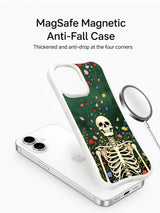 PhoneCasing Dream Border Bloom spiritual goth iPhone 16 Case, hand-drawn skeleton waiting for spring bloom with cascading petals on matte emerald green background, antimicrobial smooth finish durable iPhone 16 casing